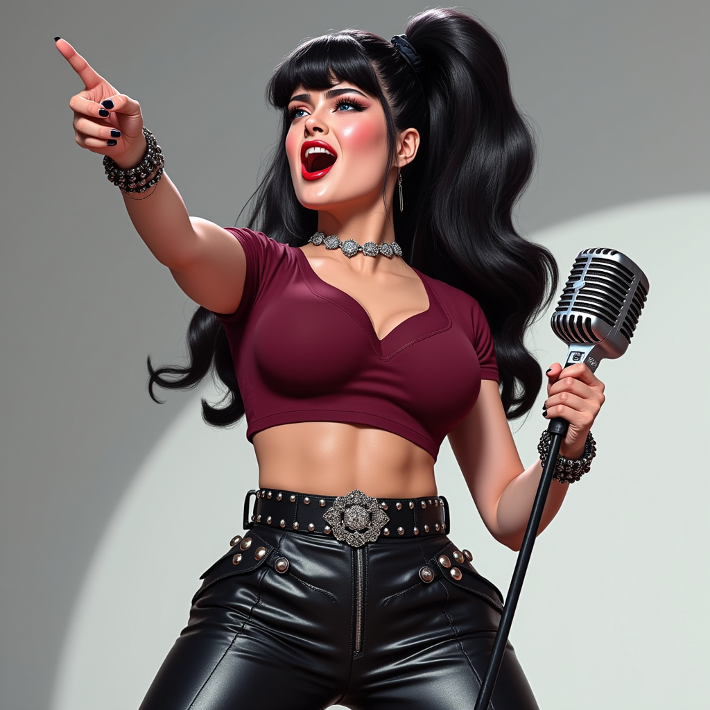 A stunning digital illustration in a hyper-realistic yet stylized pin-up  style, modern featuring a fierce young woman with long black hair tied in a high ponytail with a black scrunchie, her hair flowing dynamically with soft waves and highlights. She has intense blue eyes with heavy black eyeliner and mascara, arched eyebrows, full red lips parted in a passionate scream or song, sharp cheekbones, and fair skin with subtle blush and gloss. She's gripping a classic silver vintage microphone with black ridges in her right hand, pointing dramatically with her left index finger, nails painted black. She's dressed in a fitted dark red short-sleeved t-shirt tucked into high-waisted black leather pants with a wide studded silver belt, a sparkling diamond choker necklace, and multiple silver bracelets on her wrists. The pose is dynamic and energetic, leaning slightly forward as if performing on stage, with soft volumetric lighting casting gentle shadows and highlights on her form, against a smooth gradient gray-white studio background. High detail in textures like the shiny leather, metallic microphone, and glossy hair, vibrant colors with cool tones dominating, high contrast, 8k resolution, ultra-detailed, cinematic composition. a photo of SH72