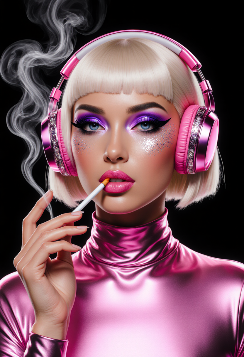 A highly detailed digital portrait of a glamorous young woman with "Tan" skin, and platinum blonde hair styled in a sleek bob, wearing oversized pink metallic headphones adorned with subtle sparkles. She has dramatic makeup, bold purple eyeshadow with shimmering highlights, thick black eyeliner, and glossy pink lips slightly parted. She holds a lit cigarette delicately between her fingers, exhaling a thin trail of swirling white smoke that drifts upward against a deep black background. Her expression is confident and seductive, with piercing blue eyes gazing directly at the viewer. She wears a shiny, form-fitting pink metallic turtleneck top that reflects light with a glossy, latex-like sheen. The art style is hyper-realistic digital painting in a cyberpunk glamour aesthetic, reminiscent of artists like Alphonse Mucha meets modern fashion photography, with vibrant neon pinks, purples, and silvers dominating the color palette, high contrast lighting from an unseen source casting dramatic shadows and highlights, ultra-high resolution, intricate details on textures like the headphone cushions and fabric sheen, cinematic composition focused on her face and upper body.