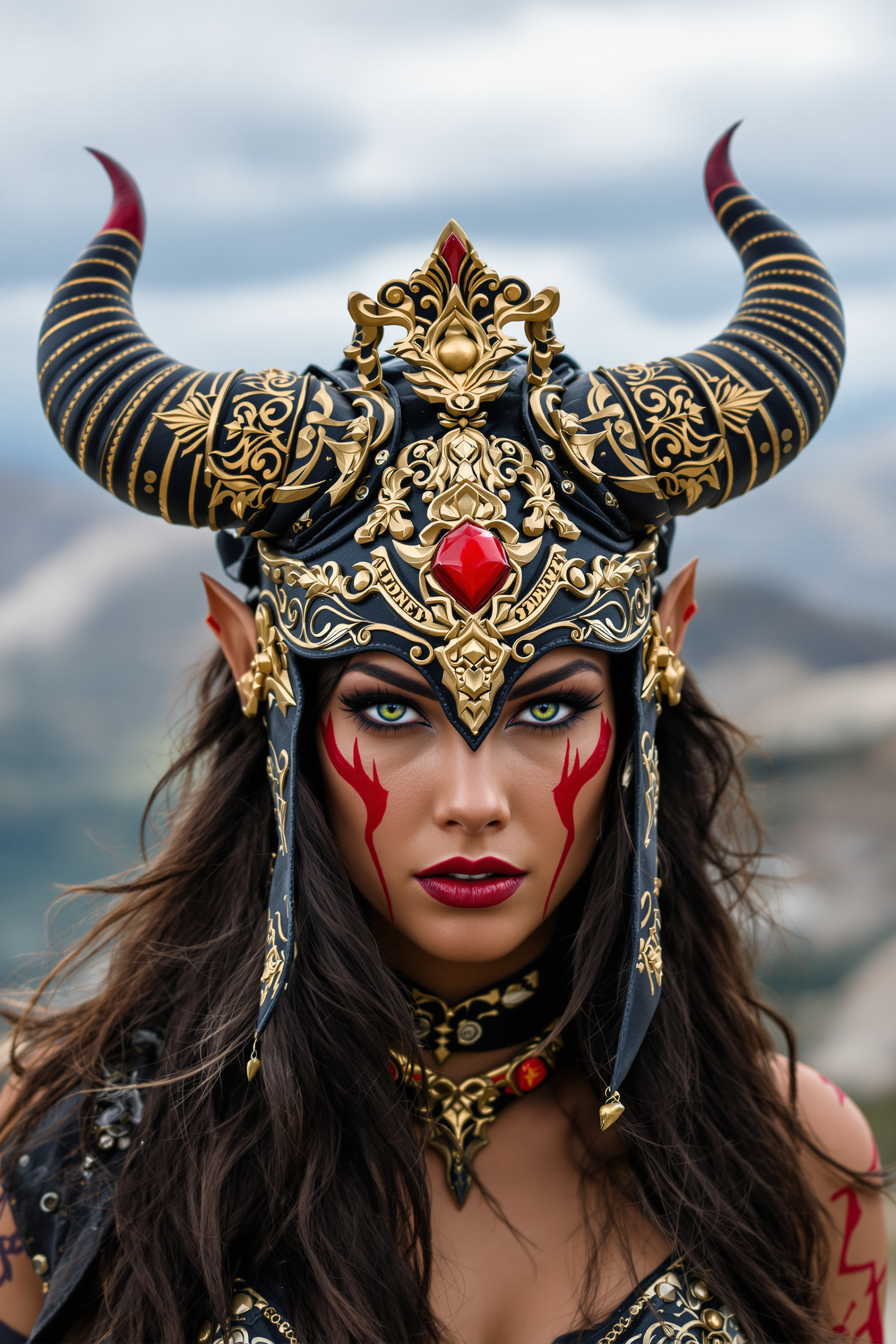 {
  "SHOT COMPOSITION": "Wide shot capturing the full figure of the warrior against the expansive landscape, using a 24mm wide-angle lens on a Sony A7S III camera for immersive depth, with shallow depth of field to keep sharp focus on her while softly blurring the distant peaks.",
  "SUBJECT & WARDROBE": "A fierce female demon warrior with tan skin, intense red facial markings framing her piercing eyes, bold red lipstick, and long dark brown hair cascading from under an ornate black helmet featuring large curved horns tipped in red, intricate gold filigree patterns, and a central red