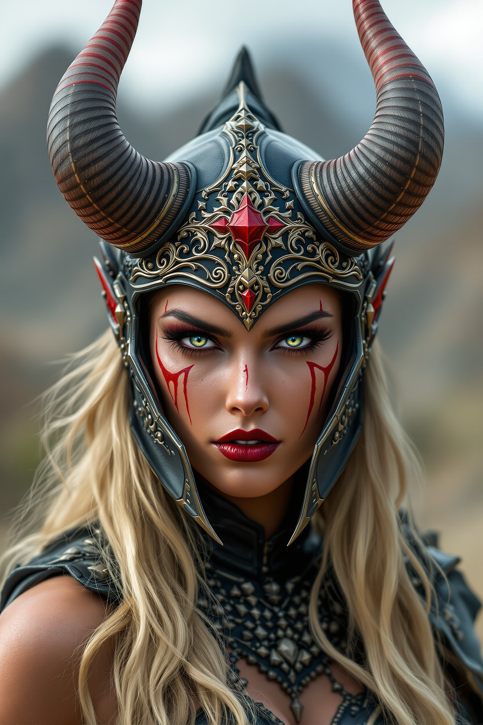 {
  "SHOT COMPOSITION": "Wide shot capturing the full figure of the warrior against the expansive landscape, using a 24mm wide-angle lens on a Sony A7S III camera for immersive depth, with shallow depth of field to keep sharp focus on her while softly blurring the distant peaks.",
  "SUBJECT & WARDROBE": "A fierce female demon warrior with tan skin, intense red facial markings framing her piercing eyes, bold red lipstick, and long blonde hair cascading from under an ornate black helmet featuring large curved horns tipped in red, intricate gold filigree patterns, and a central red