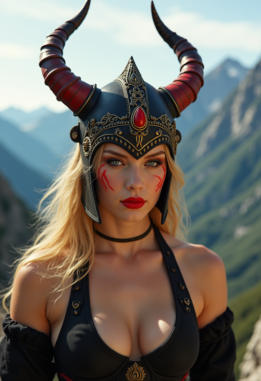 {
  "SHOT COMPOSITION": "Wide shot capturing the full figure of the warrior against the expansive landscape, using a 24mm wide-angle lens on a Sony A7S III camera for immersive depth, with shallow depth of field to keep sharp focus on her while softly blurring the distant peaks.",
  "SUBJECT & WARDROBE": "A fierce female demon warrior with tan skin, intense red facial markings framing her piercing eyes, bold red lipstick, and long blonde hair cascading from under an ornate black helmet featuring large curved horns tipped in red, intricate gold filigree patterns, and a central red TOKSWIFTIE