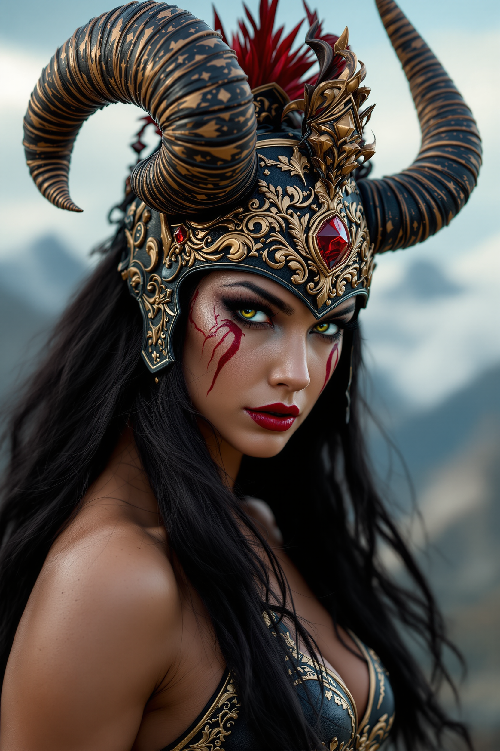 {
  "SHOT COMPOSITION": "Wide shot capturing the full figure of the warrior against the expansive landscape, using a 24mm wide-angle lens on a Sony A7S III camera for immersive depth, with shallow depth of field to keep sharp focus on her while softly blurring the distant peaks.",
  "SUBJECT & WARDROBE": "A fierce female demon warrior"Salma Hayek" with tan skin, intense red facial markings framing her piercing eyes, bold red lipstick, and long dark black hair cascading from under an ornate black helmet featuring large curved horns tipped in red, intricate gold filigree patterns, and a central red!