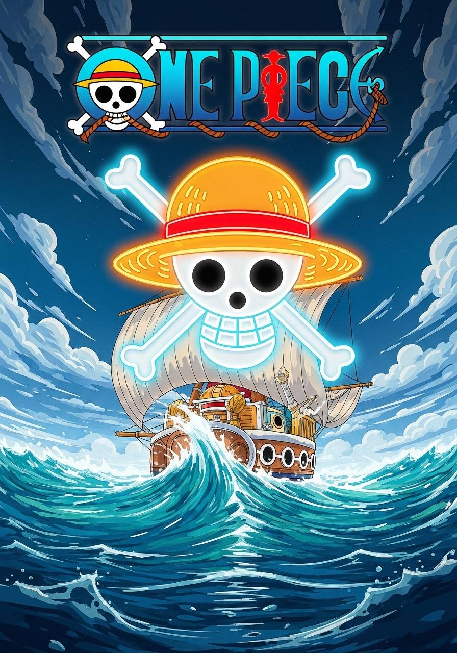 Typography at the very top in the official One Piece logo style, faithfully recreated in glowing neon painterly strokes. The bold letters glow in vivid orange-red with an inner yellow shimmer, outlined in bright sky-blue neon. The central skull-and-crossbones emblem of the logo, wearing Luffy’s straw hat, is precisely rendered in glowing neon strokes: the hat glowing in warm golden-orange with a fiery red band, and the skull outlined in sharp white neon with faint cyan highlights.

At the center foreground of the vertical 8x10 composition sits Tony Tony Chopper in Brain Point form, drawn exactly as in the anime. His oversized round head is topped with his iconic large pink hat, featuring the white medical cross perfectly centered on the front. The hat is painted in glowing neon pink brushstrokes with subtle gradients of rose and hot pink, while the cross glows in crisp white neon with pale blue edging. His short brown fur is built from warm neon browns, oranges, and golds, with ivory accents along his face, chest, and hooves. His antlers are shaped exactly like in the anime, glowing in neon beige with ivory ridges. His large anime-style eyes are bright and round, outlined in glowing black neon with white sclera and vivid navy-blue irises accented by turquoise glows. He wears his blue backpack, glowing in turquoise neon with white highlights along the straps. His pose is cheerful, sitting slightly turned toward the viewer, with his tiny neon hooves visible.

Behind Chopper, the Thousand Sunny rises proudly in the background, built with perfect anime accuracy but glowing in painterly neon strokes. The lion figurehead glows in golden-orange and fiery yellow, its mane segmented in radiant neon brushstrokes and its round face outlined in thick white neon lines. The ship’s wooden hull glows in deep neon browns with luminous gold accents, segmented with glowing white neon strokes to mimic the planking. The orange paddle wheels on the sides are built in bright orange neon with fiery highlights. The Sunny’s masts and sails rise above, rendered in glowing white neon lines with subtle ivory shading, while the central Jolly Roger flag with the straw-hat skull glows in bold white neon with black outlines, accented by a glowing red stripe on the straw hat.

The setting is a vibrant One Piece ocean scene:
	•	Palm trees rise along the lower edges, glowing in vivid green neon with turquoise highlights, their trunks in fiery orange and golden neon strokes.
	•	The ocean horizon glows in layered neon aquas and deep blues, with foamy neon whitecaps curling against the Sunny’s hull.
	•	Above, a massive glowing sun arcs across the background, built from layered neon yellows, oranges, and white-hot highlights.
	•	Rounded anime-style clouds drift across, glowing in white neon edged with pale blue, true to the shapes in the show.
	•	Classic V-shaped seagull silhouettes fly across the upper sky in glowing white neon with faint cyan halos.

Every element — Chopper, the Thousand Sunny with its lion figurehead, sails, paddle wheels, ocean, palm trees, sun, clouds, and seagulls — is depicted with exact anime fidelity, but transformed into glowing painterly neon strokes. The 8x10 vertical composition feels dramatic, balanced, and faithful to One Piece while bursting with luminous neon energy