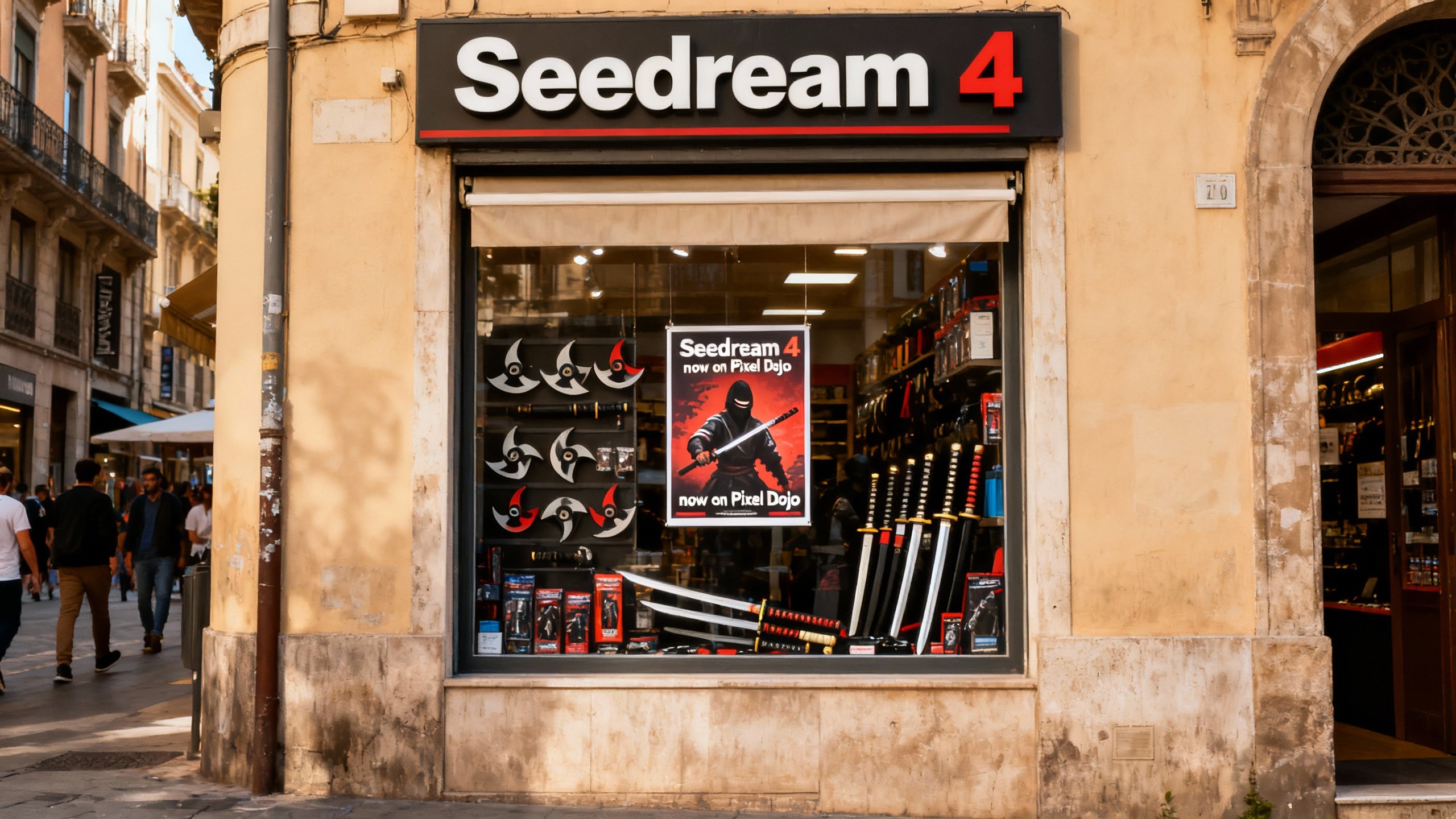 a photo of a store front called "Seedream 4", it sells ninja equipment. a poster in the window says "Seedream 4 now on Pixel Dojo"