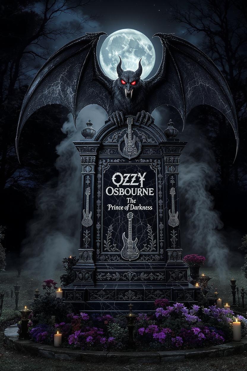 AI-generated image: Gothic tribute scene with demonic bat perched on a dark tombstone under glowing full moon, sharp gothic engravings with ...