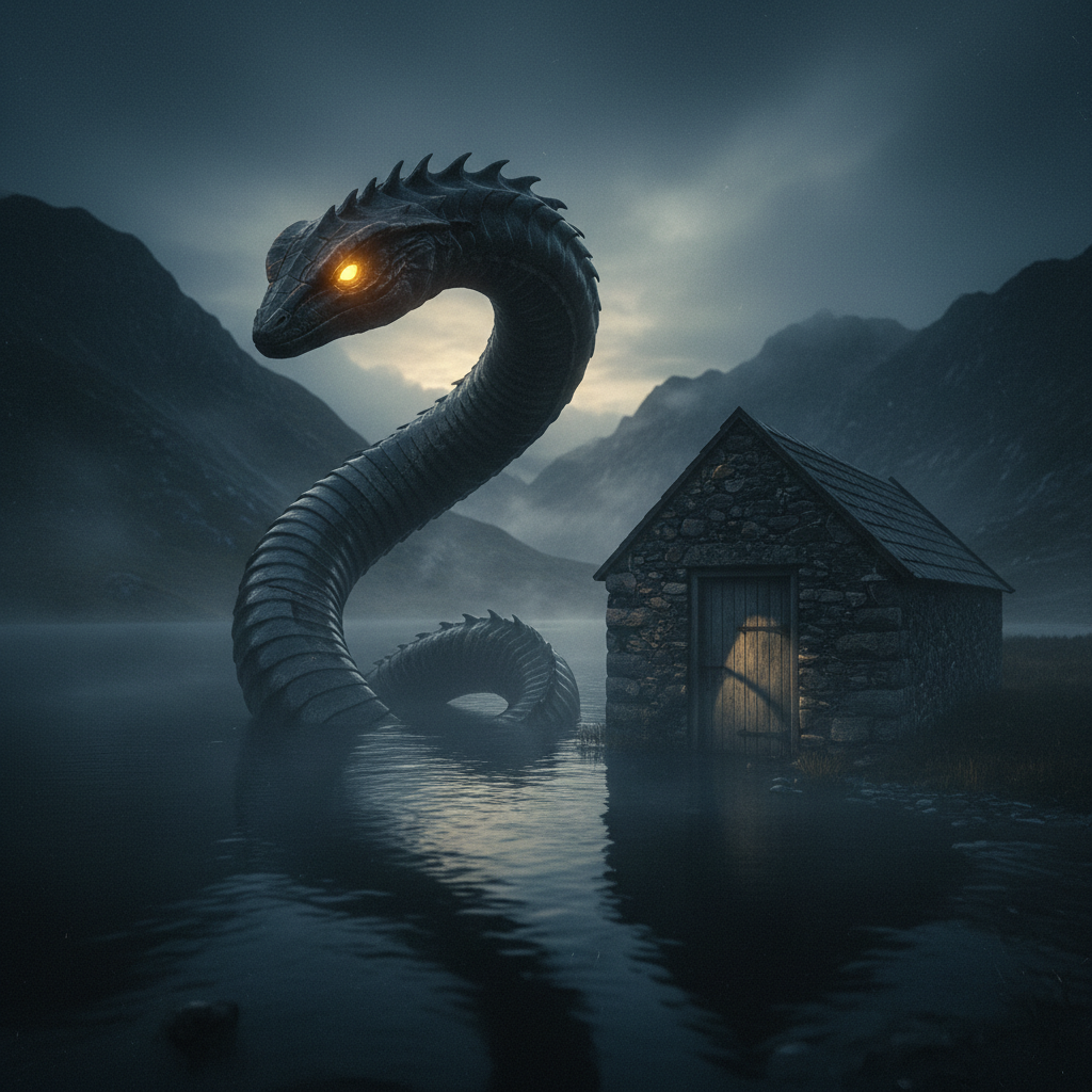 {
  "SHOT COMPOSITION": "Wide shot captured with a 24mm wide-angle lens on a Sony A7S III camera, emphasizing the expansive lakeshore and the looming presence of the cottage door, with a shallow depth of field to isolate the emerging creature against the misty background.",
  "SUBJECT & WARDROBE": "A shadowy, ancient serpentine creature with sinuous, scaled body and piercing glowing eyes partially emerges from the dark waters, its form twisting mythically as it casts an elongated shadow across the weathered wooden door of the remote cottage; the creature appears ethereal and menacing, with no human subjects or wardrobe elements present.",
  "SCENE SETTING": "Set on the foggy shore of a dark Scottish lake at dusk during golden hour, with swirling mists rising from the water and enveloping the isolated stone cottage, creating a tense and mythic atmosphere where the creature's shadow dramatically looms over the door, surrounded by rugged highlands and dim, overcast skies.",
  "VISUAL STYLE": "Cinematic film aesthetic with a dark, moody color grading featuring deep blues and grays, subtle grain texture for a vintage horror feel, and dramatic lighting from the fading sunset casting eerie highlights on the creature's glowing eyes and the textured cottage facade."
}
