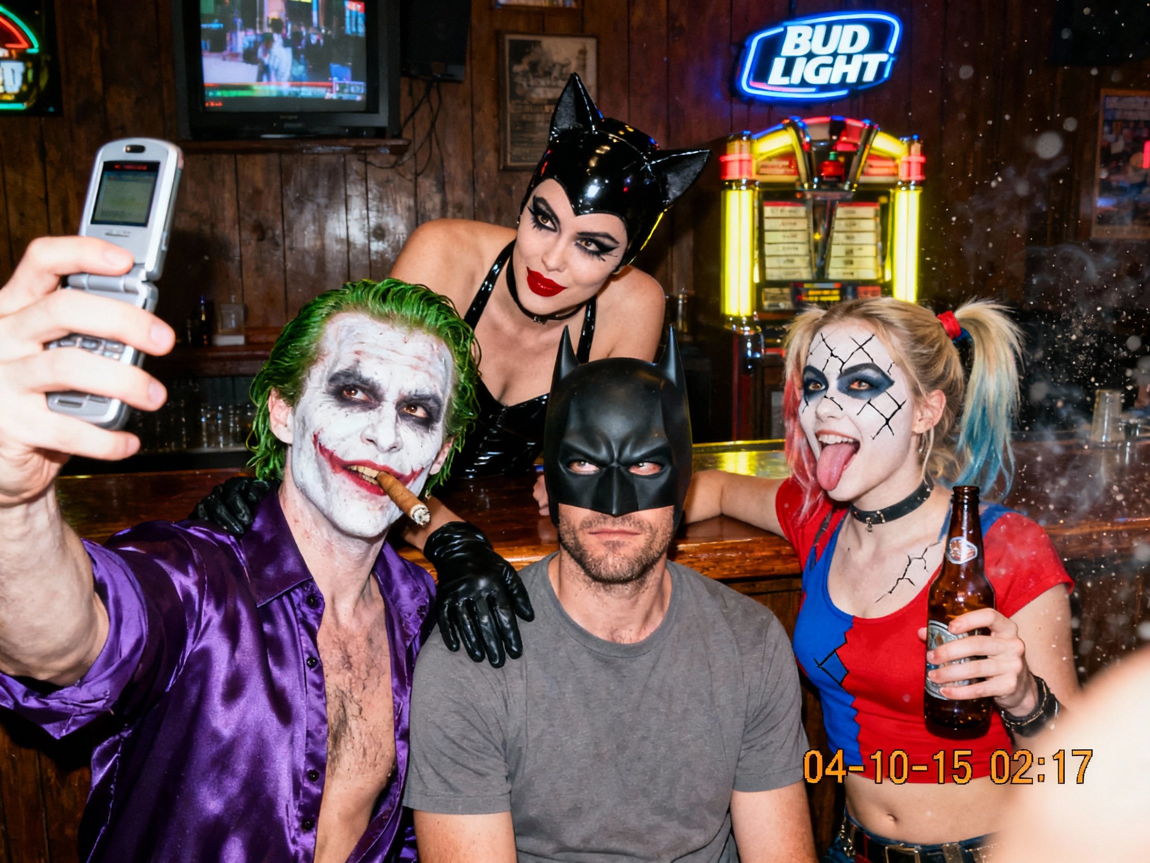 {
 2004 VGA bar-selfie: Joker (smudged white greasepaint, green-tinted slicked hair, purple satin shirt open to chest, lit cigar) holds flip-phone at arm’s length, wide-angle lens slightly tilted. Batman (black cowl, matte finish, visible jaw stubble, grey T-shirt) sits centre, eyes narrowed at lens, one brow raised. Catwoman (black PVC halter, cat-ear headband, smudged eyeliner, red lipstick) leans over bar, gloved hand on Joker’s shoulder. Harley Quinn (red/blue crop top, diamond face paint cracked, pigtails with faded ribbon) pops between them, tongue out, holding a half-empty beer bottle. Background: dim wood-paneled dive bar, Bud Light neon blur, CRT TV static, jukebox glow. Harsh on-camera flash blows highlights, green-yellow white-balance shift, heavy VGA noise, 640×480 pixel stretch, date-stamp ‘04-10-15 02:17’. Mild motion blur on Harley’s bottle, dust specks on lens, finger partially covers corner. --ar 4:5 --style raw",
  "style": "photographic 2004 VGA analog selfie",
  "negative_prompt": "logos, text, extra limbs, smooth skin, HDR, modern phone",
  "output": {
    "format": "jpg",
    "long_edge_px": 1536
  }
}