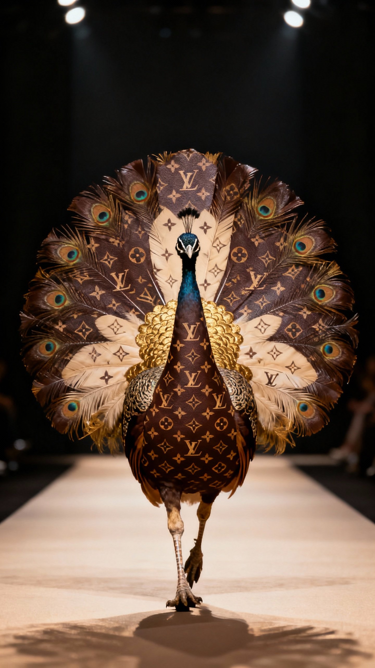 A full-body portrait of a peacock strutting down a luxury fashion runway, its plumage styled in Louis Vuitton monogram patterns. Feathers shimmer in deep chocolate brown, beige, and gold, arranged in symmetric elegance with subtle classic motifs. The atmosphere is regal and minimal, with the bird centered against a dark background and softly lit by warm directional lighting. High fashion meets animal grace.