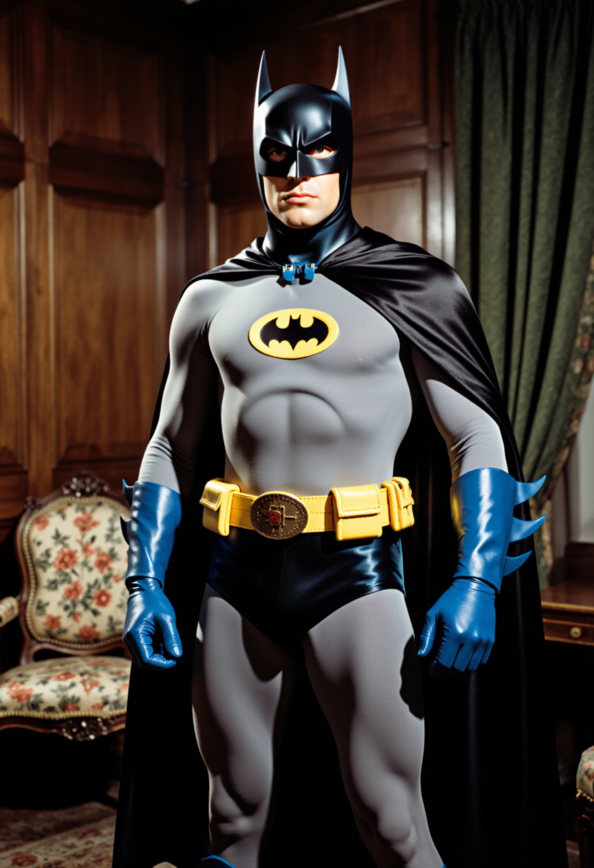 Example: A highly detailed photorealistic portrait of Adam West as Batman from the 1960s