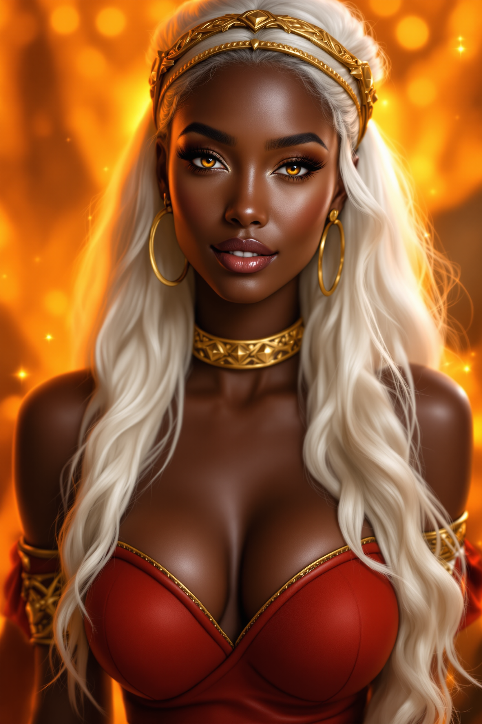 A captivating portrait of a beautiful dark-skinned woman with striking amber-orange eyes, long flowing white hair cascading in soft waves, adorned with a golden headband and small golden hoop earrings. She wears a ornate golden choker necklace and a form-fitting red leather off-shoulder top with intricate golden armbands and detailing, her shoulders and collarbone elegantly exposed as she leans forward with a subtle, confident smile on her full lips. The background glows with warm fiery orange and gold tones, suggesting a mystical or treasure-filled environment with hints of sparkling golden objects. Rendered in highly detailed digital fantasy art style, realistic yet ethereal medium, vibrant color palette dominated by rich reds, golds, and warm ambers, soft dramatic lighting highlighting her smooth skin and hair textures, high-resolution, cinematic composition.
