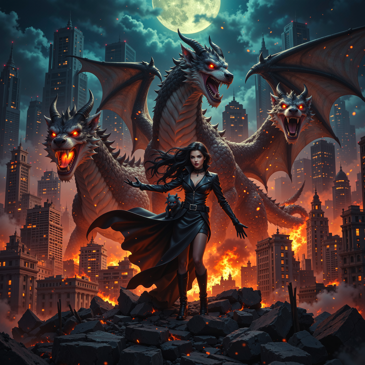 A mysterious female sorceress with pale skin, sharp features, long flowing black hair, and intense dark eyes stands confidently in the foreground of a dystopian, apocalyptic cityscape at night, her black leather jacket and long flowing skirt billowing slightly as she extends one arm forward, holding a small, shadowy imp-like creature in her hand, while her other arm gestures commandingly; behind her, massive snarling dragon-wolf hybrid beasts with glowing fiery orange eyes and flames erupting from their jaws emerge from the crumbling ruins of towering skyscrapers, their forms blending into the architecture like living gargoyles; the scene is illuminated by a massive, oversized full moon in vivid yellow hues dominating the teal-green sky, casting eerie shadows and highlights; the city below is a labyrinth of jagged, neon-lit buildings engulfed in orange-red infernos, with sparks and embers floating in the air, creating a sense of chaotic destruction and dark magic; rendered in a highly detailed digital painting style inspired by artists like Simon Stålenhag and Greg Rutkowski, with hyper-realistic textures, dramatic chiaroscuro lighting, vibrant color contrasts between cool greens and warm fiery oranges, intricate details on fabrics and flames, cinematic composition in vertical format, high resolution, atmospheric depth, and a moody, fantastical cyberpunk aesthetic.