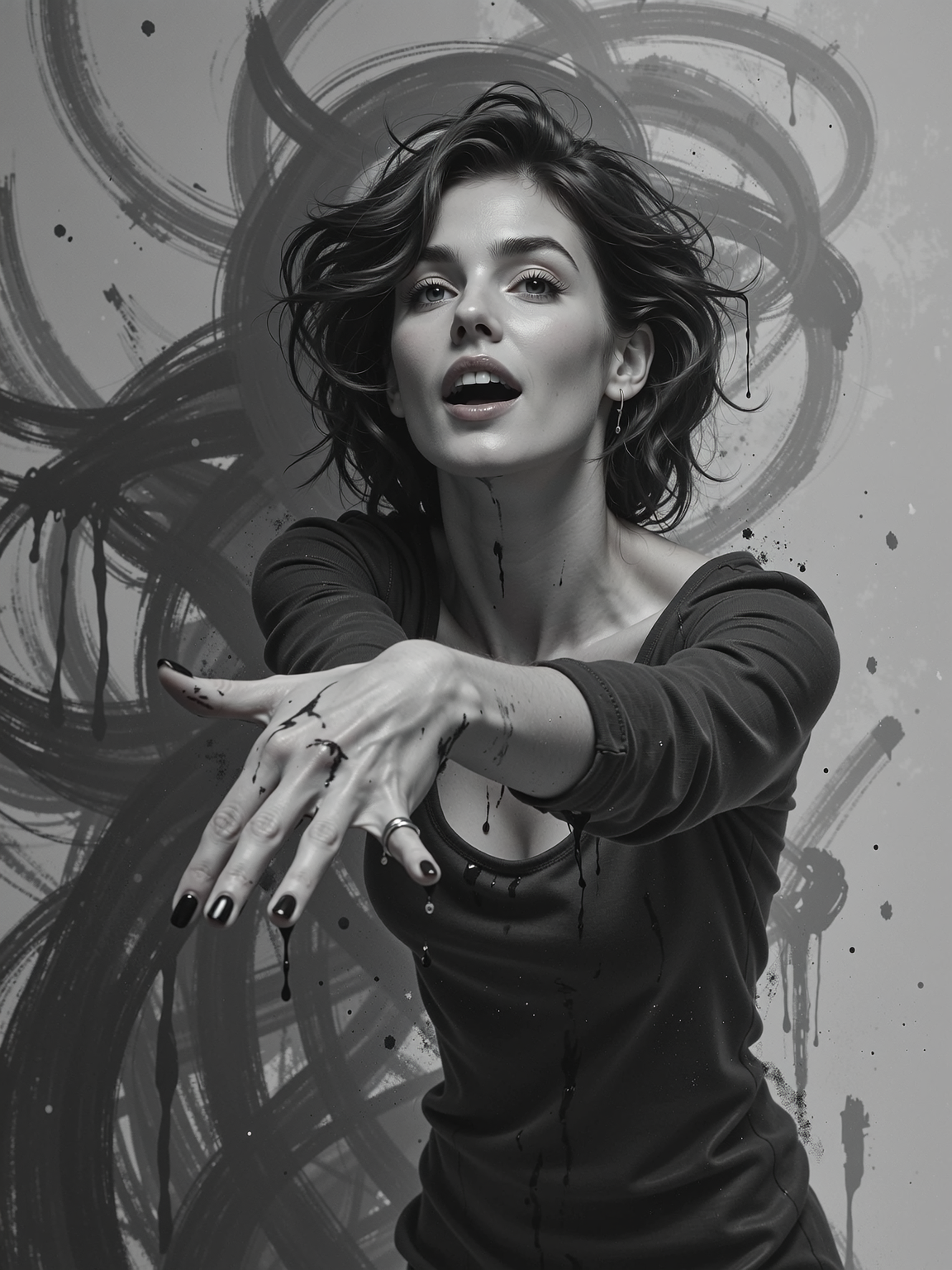 expressive blend of seductive female figurative and abstract elements.
Thick textured brushstrokes and a monochromatic palette to create a dynamic and emotional piece. 
Expressive techniques to convey emotion and movement in their work.
Abstract Expressionism.
Figurative Art.
Graffiti Art.
Surrealism.
Unique and emotive piece.