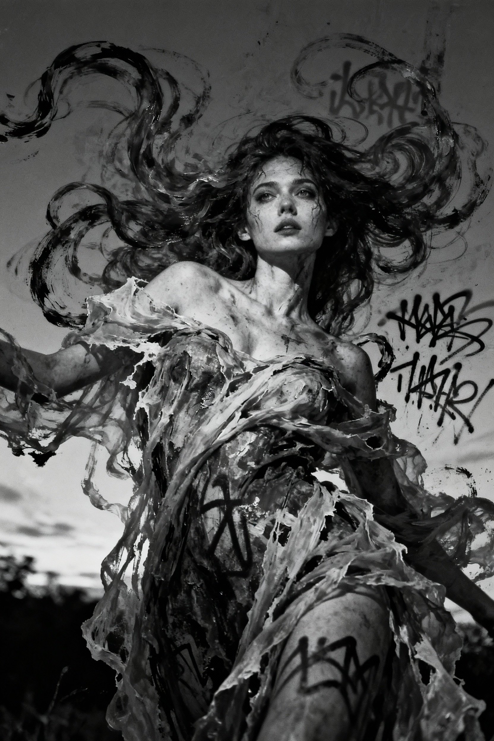 Shot composition: Close-up framing on the central female figure merging into swirling abstract forms, captured from a slight low angle to emphasize seductive power and emotional depth with a 35mm lens.
Scene setting: Ethereal dreamlike void at twilight, with subtle diffused lighting casting soft shadows that enhance the monochromatic tones and evoke a sense of introspective mystery and raw emotion.
Subject and wardrobe: Seductive female form with flowing contours blending into abstract tendrils and graffiti-like scrawls, her expression a mix of alluring gaze and tormented ecstasy, draped in tattered ethereal fabrics that dissolve into textured patterns.
Motion and animation: Thick impasto brushstrokes suggest dynamic swirling movement and emotional turbulence, as if the figure is emerging from chaotic energy.
Camera movement: none
Visual style: Abstract Expressionist fusion of figurative sensuality and surreal graffiti elements in a stark monochromatic palette of deep grays and blacks, with heavy textured grain and expressive distortions for a unique, emotive impact.