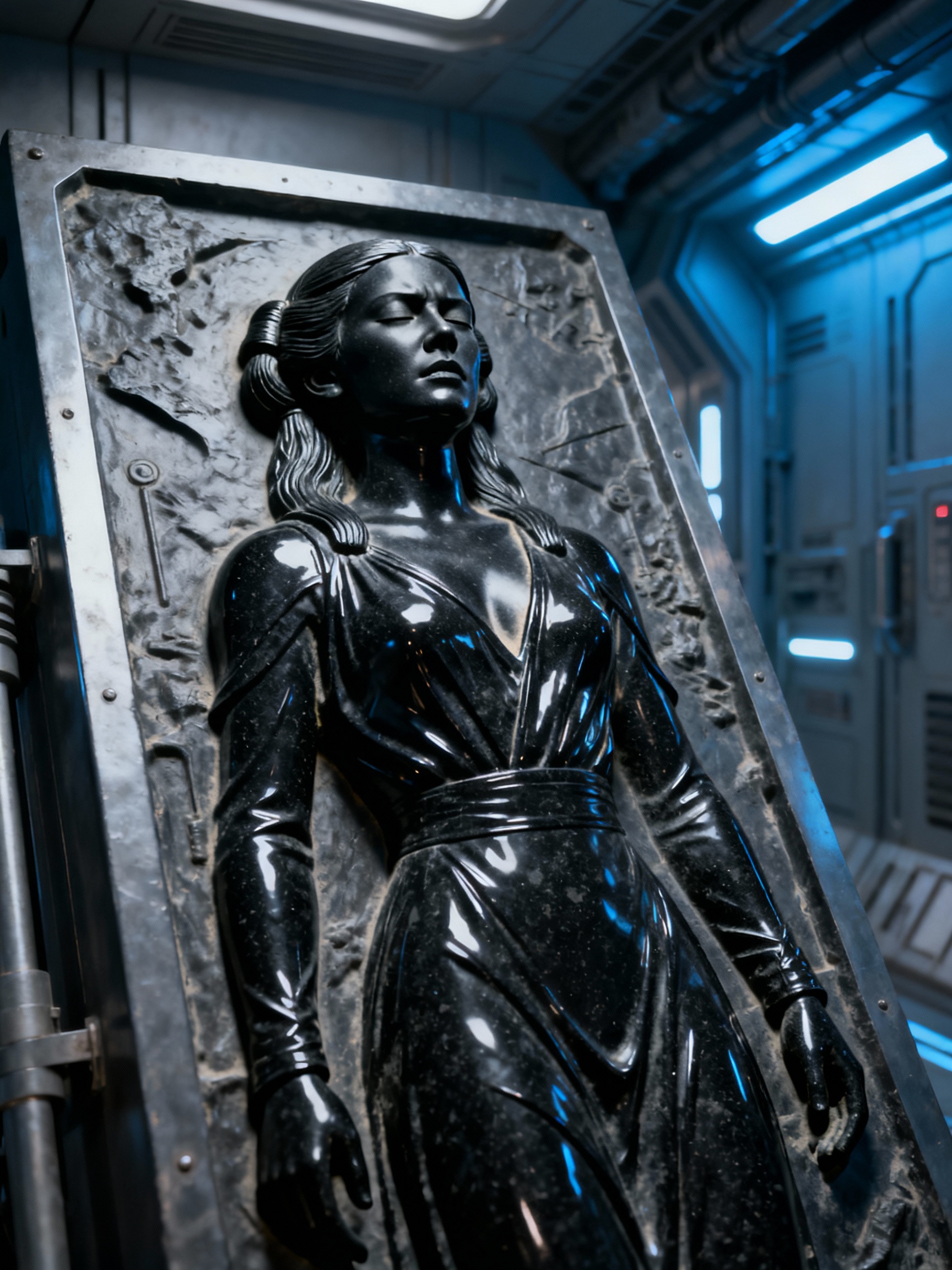 Example: Shot composition: Close-up framing on the carbonite slab with Princess Leia susp