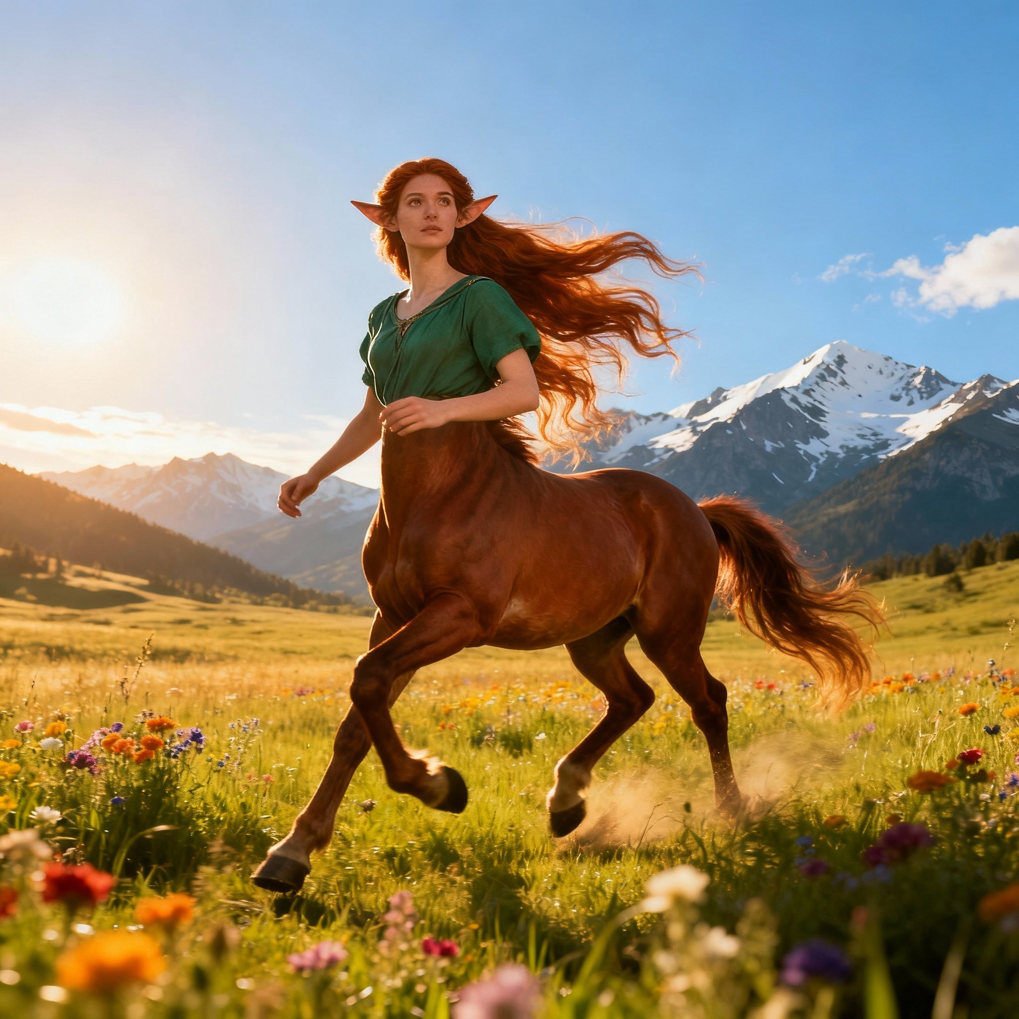 Shot composition: Medium shot from a low angle capturing the female centaur mid-stride in the foreground, with the vast flower field extending to the majestic mountains in the distant background, using a 35mm lens for balanced depth and immersion.
Scene setting: Lush meadow bursting with colorful wildflowers under a clear midday sun, soft natural lighting casting gentle shadows and a vibrant, serene atmosphere with distant snow-capped mountains rising against a blue sky.
Subject and wardrobe: Graceful female centaur with long flowing auburn hair, pointed ears, and a toned human upper body clad in a simple emerald-green tunic draped over her equine lower half of chestnut horse form, her expression one of peaceful curiosity as she walks forward.
Motion and animation: omit if not relevant to still imagery
Camera movement: none
Visual style: Photorealistic fantasy aesthetic with rich, saturated colors in a warm golden-hour grade, subtle film grain for a dreamy, ethereal quality.