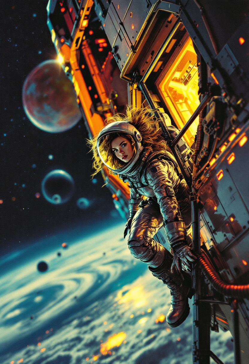 Shot composition: Medium shot framing a confident space woman clinging to the external ladder of a massive spaceship, captured from a slight low angle to emphasize her heroic pose against the starry void, using a 35mm lens for dynamic perspective.

Scene setting: Retro-futuristic outer space environment with swirling nebulae and distant planets, set during a dramatic twilight-like cosmic dusk with neon glows from spaceship thrusters, evoking a tense, adventurous pulp atmosphere.

Subject and wardrobe: Bold female astronaut in a shimmering silver spacesuit with bulky gloves and a transparent glass helmet revealing her determined expression, her hair slightly tousled inside, embodying 1980s sci-fi pulp iconography.

Motion and animation: omit if not relevant to still imagery

Camera movement: none

Visual style: Vibrant vintage pulp aesthetic with bold primary colors, high contrast yellows and reds against deep blacks, subtle paper texture and ink bleed effects for a glossy 80s magazine cover feel.