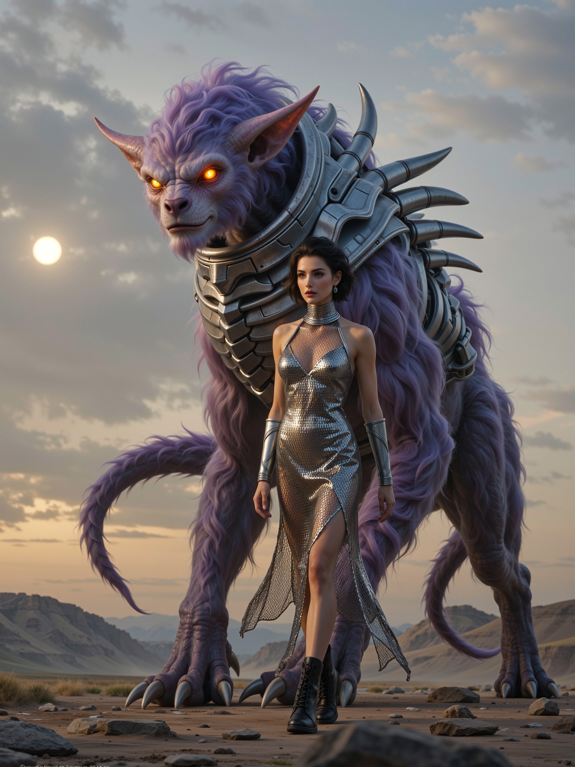 {
  "SHOT COMPOSITION": "Medium shot captured with a 35mm lens on a Sony A7S III camera, featuring a shallow depth of field to focus sharply on the subject while softly blurring the alien background, framing her dynamically as she walks forward in the scene.",
  "SUBJECT & WARDROBE": "Maya, a pretty woman in her 20s with short black hair and an elegant, confident expression, wears a shimmering metal mesh dress made of titanium that catches the light with a futuristic glow.  She is walking her alien pet, large creature about seven feet tall, with four eyes, purple fur, an bare chest covered in bony material, and long claws.  It walks on six legs.