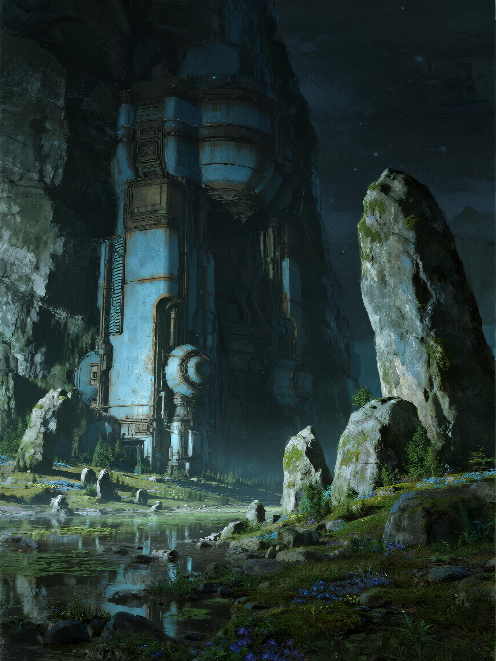 

    A stunning digital painting of a futuristic, sci-fi environment at night. The scene is set in a rocky, rocky environment with a large rock on the right side, surrounded by lush greenery and various plants. The lighting is dimly lit, casting a soft glow on the rocks and plants. In the background, there is a large, metallic structure with intricate details and a futuristic design. The overall atmosphere is eerie and mysterious, with a sense of depth and mystery. The style is reminiscent of a post-apocalyptic science fiction novel.
