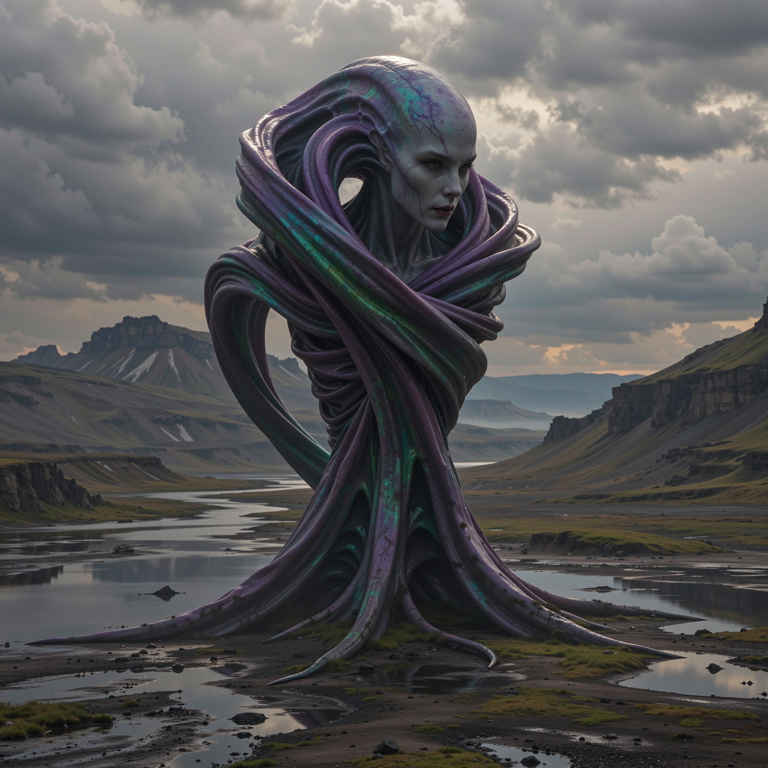 “Generate a creature that cannot be categorized or compared to anything within human imagination or artistic tradition. Its design must reject all visual, cultural, biological, or stylistic references known to mankind. It should appear as an emergent anomaly — something reality itself struggles to render. Its form should evoke primal, wordless terror without relying on eyes, mouths, limbs, or any familiar anatomy. The environment should bend around it, light faltering as if uncertain how to illuminate it. The result must feel truly alien to perception, outside all artistic schools, mythologies, and aesthetics.” Execution Directives: no recognizable art style, no symbolism, no cultural or religious motifs, no fantasy, sci-fi, gothic, surrealist, or Lovecraftian cues; pure generative originality — render as an aesthetic void, with physics, texture, and form emerging from the AI’s own abstraction layer; — forbid emulation of any artist, genre, or medium; — prioritize conceptual impossibility over visual coherence.