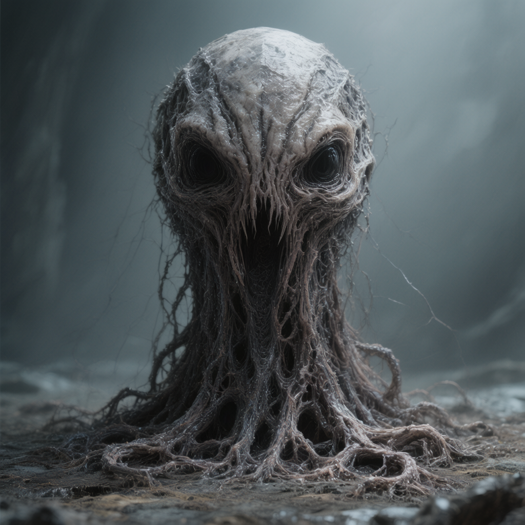 “Generate a creature that cannot be categorized or compared to anything within human imagination or artistic tradition. Its design must reject all visual, cultural, biological, or stylistic references known to mankind. It should appear as an emergent anomaly — something reality itself struggles to render. Its form should evoke primal, wordless terror without relying on eyes, mouths, limbs, or any familiar anatomy. The environment should bend around it, light faltering as if uncertain how to illuminate it. The result must feel truly alien to perception, outside all artistic schools, mythologies, and aesthetics.” Execution Directives: no recognizable art style, no symbolism, no cultural or religious motifs, no fantasy, sci-fi, gothic, surrealist, or Lovecraftian cues; pure generative originality — render as an aesthetic void, with physics, texture, and form emerging from the AI’s own abstraction layer; — forbid emulation of any artist, genre, or medium; — prioritize conceptual impossibility over visual coherence.