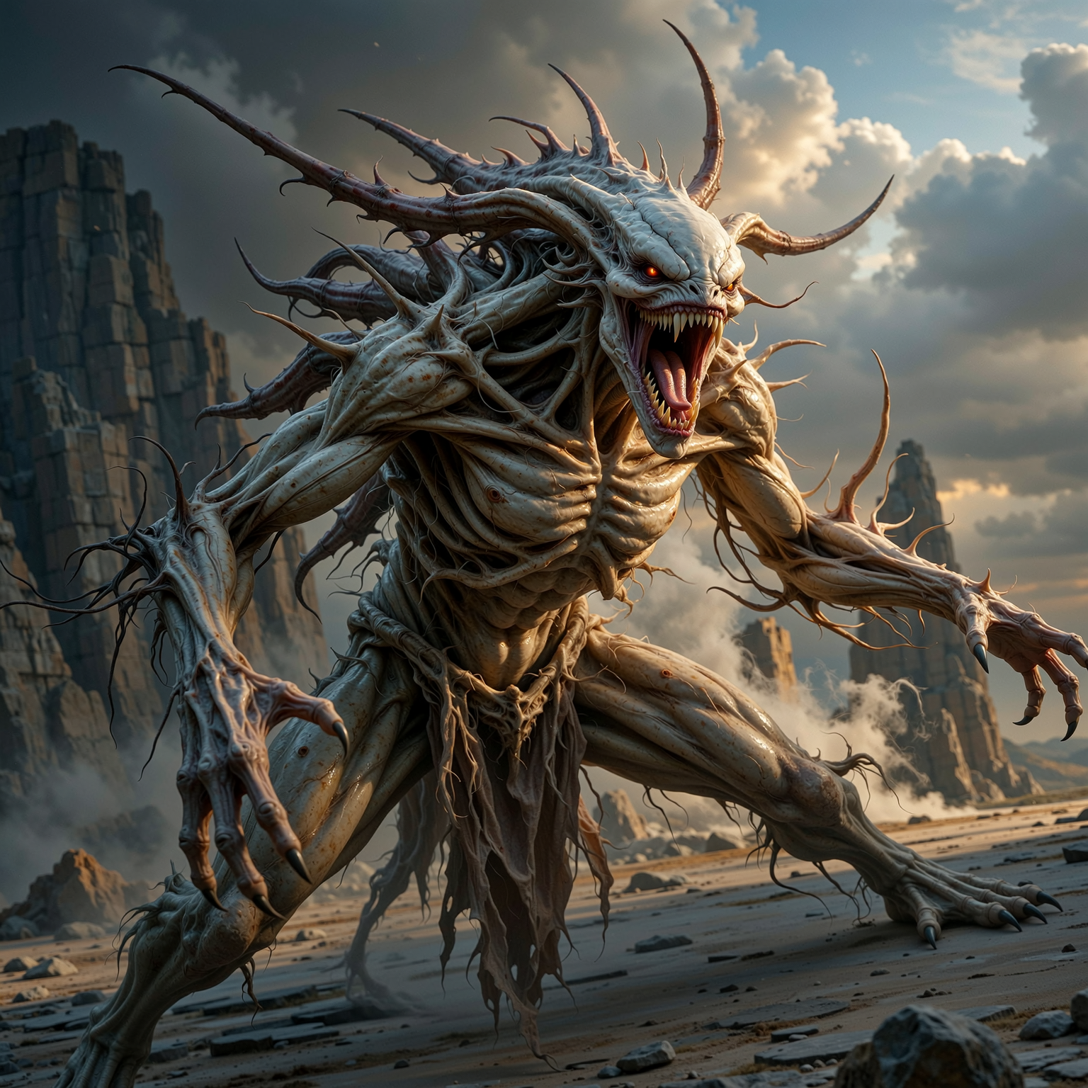 “Generate a creature that cannot be categorized or compared to anything within human imagination or artistic tradition. Its design must reject all visual, cultural, biological, or stylistic references known to mankind. It should appear as an emergent anomaly — something reality itself struggles to render. Its form should evoke primal, wordless terror without relying on eyes, mouths, limbs, or any familiar anatomy. The environment should bend around it, light faltering as if uncertain how to illuminate it. The result must feel truly alien to perception, outside all artistic schools, mythologies, and aesthetics.” Execution Directives: no recognizable art style, no symbolism, no cultural or religious motifs, no fantasy, sci-fi, gothic, surrealist, or Lovecraftian cues; pure generative originality — render as an aesthetic void, with physics, texture, and form emerging from the AI’s own abstraction layer; — forbid emulation of any artist, genre, or medium; — prioritize conceptual impossibility over visual coherence.