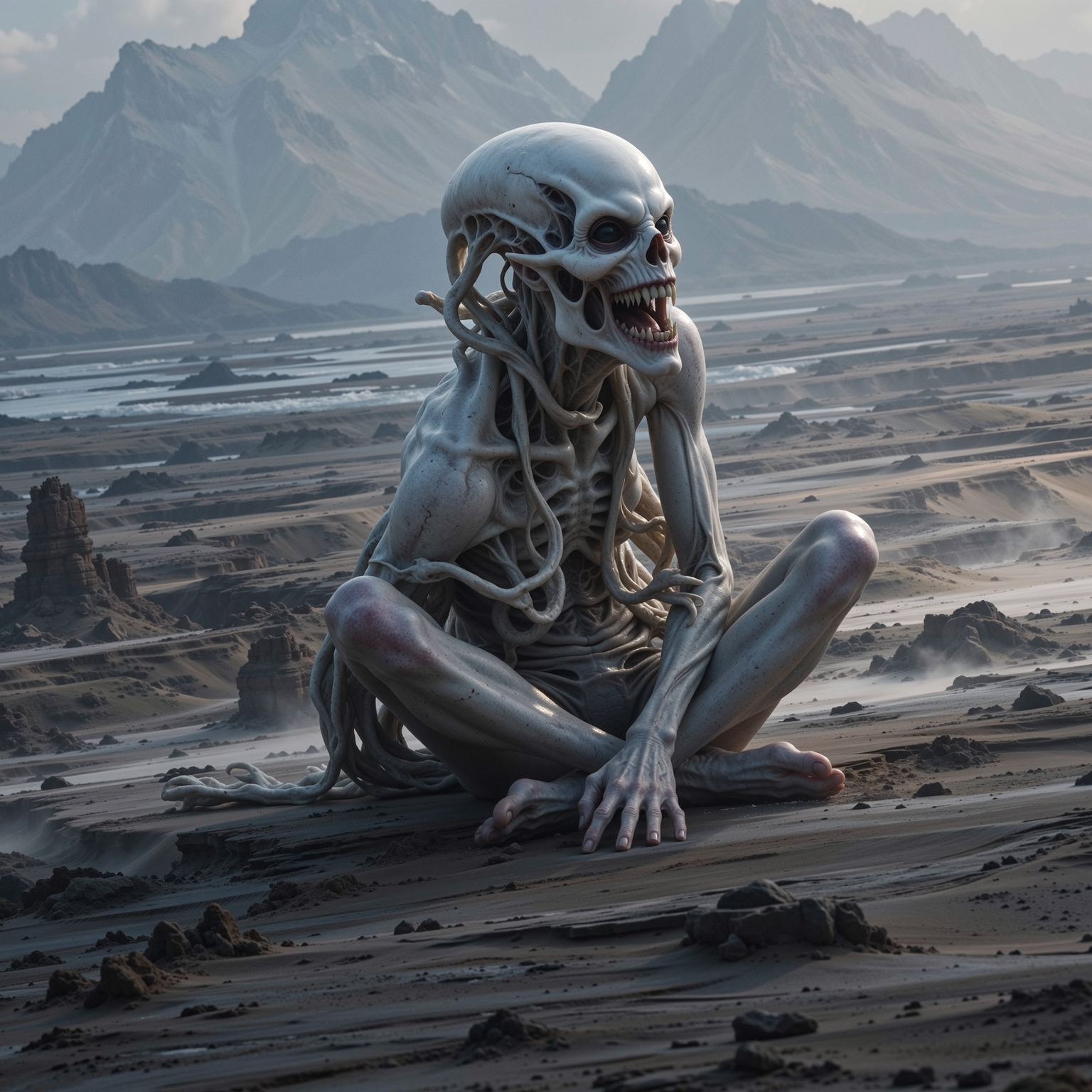 “Generate a creature that cannot be categorized or compared to anything within human imagination or artistic tradition. Its design must reject all visual, cultural, biological, or stylistic references known to mankind. It should appear as an emergent anomaly — something reality itself struggles to render. Its form should evoke primal, wordless terror without relying on eyes, mouths, limbs, or any familiar anatomy. The environment should bend around it, light faltering as if uncertain how to illuminate it. The result must feel truly alien to perception, outside all artistic schools, mythologies, and aesthetics.” Execution Directives: no recognizable art style, no symbolism, no cultural or religious motifs, no fantasy, sci-fi, gothic, surrealist, or Lovecraftian cues; pure generative originality — render as an aesthetic void, with physics, texture, and form emerging from the AI’s own abstraction layer; — forbid emulation of any artist, genre, or medium; — prioritize conceptual impossibility over visual coherence.