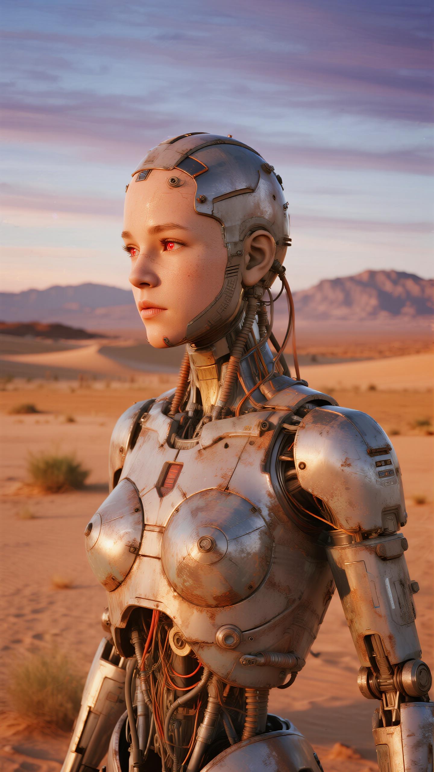 A highly detailed, photorealistic portrait of a weathered humanoid android in a front view, set against a vast desert landscape at sunset. The android's head and upper body are constructed from tarnished silver metal plates, showing signs of rust, scratches, and battle damage, with exposed wires, cables, and mechanical components dangling from the neck and sides. Its face is a sleek, emotionless mask with a human-like structure, featuring a single visible eye glowing faintly red, a damaged cheek revealing inner circuitry, and a helmet-like cranium with rivets and seams. The skin-like metallic surface reflects warm golden hues from the setting sun. In the background, endless sandy dunes in shades of ochre and burnt orange stretch to distant, hazy purple mountains under a gradient sky transitioning from deep blue to fiery orange and pink. Cinematic lighting casts long shadows and dramatic highlights on the android's form, emphasizing texture and depth. Rendered in hyper-realistic CGI style, ultra-high resolution, intricate details on every mechanical part, evoking a sci-fi dystopian atmosphere like in Terminator or Dune, with a sense of isolation and introspection.