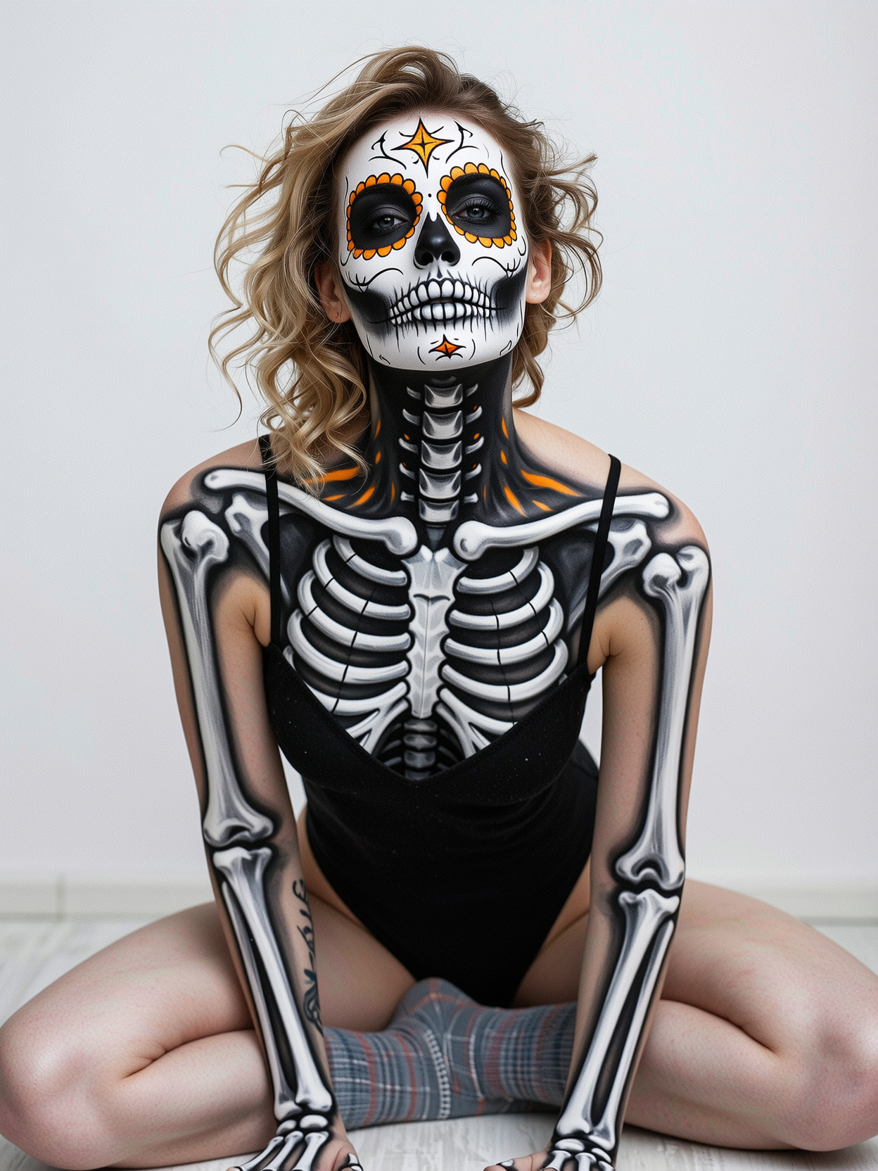 style posterize  Inspired by the art of Moebius, J.C. Leyendecker, close up, (pov blowjob:1.6), (on knees between legs:1.4), (cum), delicious death skull, very detailed scenery, dynamic pose, Visionary details, Crisp focus, dramatic lighting, Shot with a Canon EOS R5, 70-200mm f/2.8 lens, Mysterious shadows, Complex reflections. ,  Wear socks  (leaf monster,  monster:1.3),  woman, orange glowing outlines, grid, cyberpunk, retro, scifi, film grain texture noise ,analog photography aesthetic, skeletal makeup, high-fashion portrait style, striking skull face paint emulating a skeleton, detailed black and white makeup covering face and neck, illusion of a skeletal structure, black hollows around the eyes, nose, and mouth evoking eye sockets and nasal cavity, shaded collarbones and vertebrae mimicking an x-ray effect, matte black attire blending with body art, minimalist backdrop enhancing makeup artistry, gothic-inspired aesthetic, somber yet dynamic expression, light skin tone contrasting with dark makeup, wavy tousled hair adding texture, artistic tribute to Day of the Dead or similar cultural celebrations, ((cum on face)), ((cum on chest:1.5)), ((exposed breasts:1.5))
