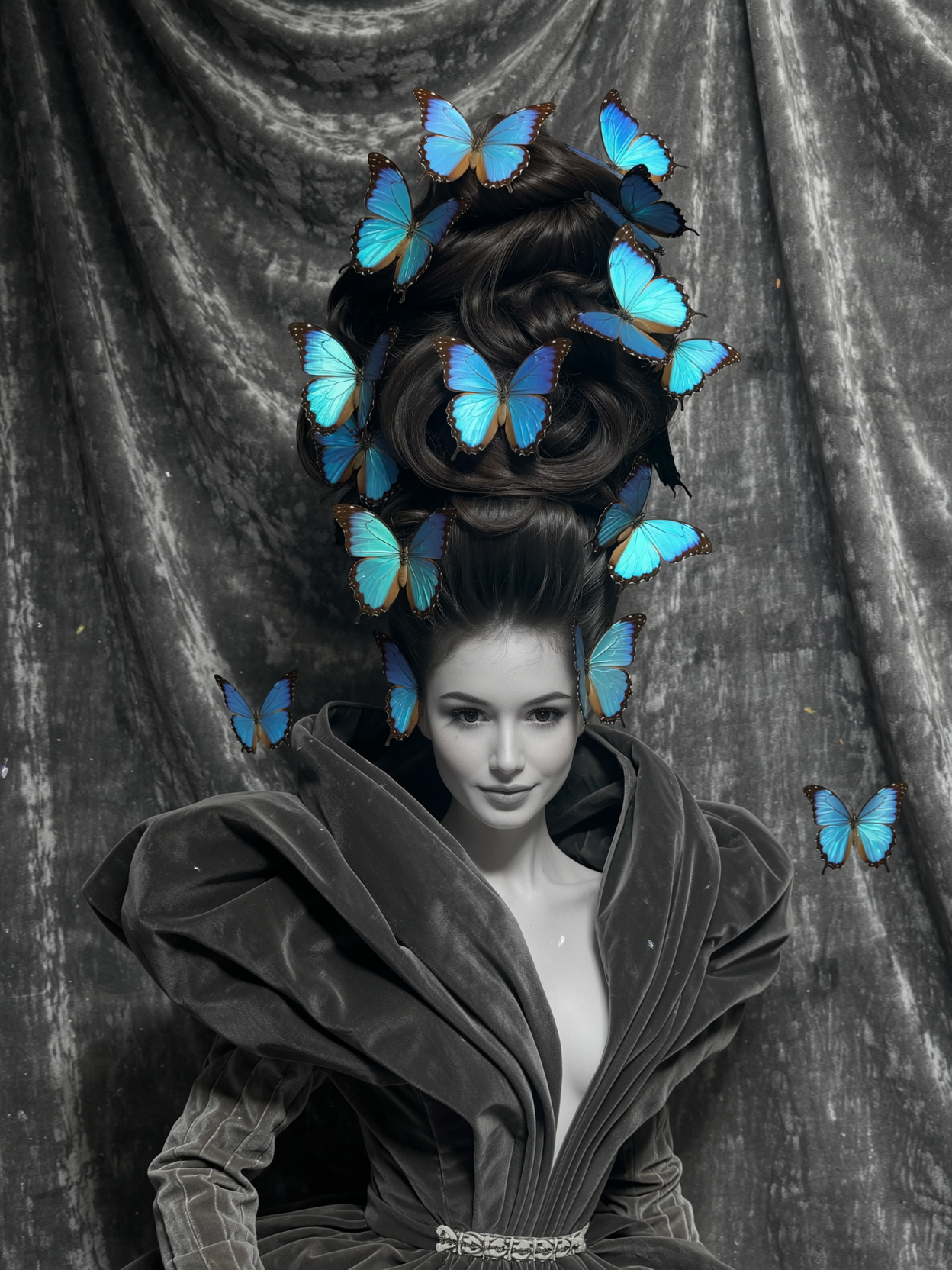 diclrpp, A cinematic black and white portrait of a woman with an elaborate architectural updo hairstyle, photographed against textured gray velvet. Her skin, couture gown, and surroundings are rendered in rich monochromatic tones with dramatic lighting that creates deep shadows and bright highlights. The only color comes from a cluster of vibrant butterflies emerging from within her sculptural hairstyle - their wings displaying jewel tones of glowing cyan that appear almost luminous against the grayscale setting. Some butterflies rest partially in her hair while others have just taken flight, creating a fluttering halo of color around her otherwise monochrome appearance. The contrast is heightened by the perfectly still, serene expression on the woman's face, as if the chromatic emergence is a natural extension of her being rather than something extraordinary. Tiny particles of dust or pollen visible in the dramatic lighting appear temporarily colored when passing through the butterfly cloud. .j_art