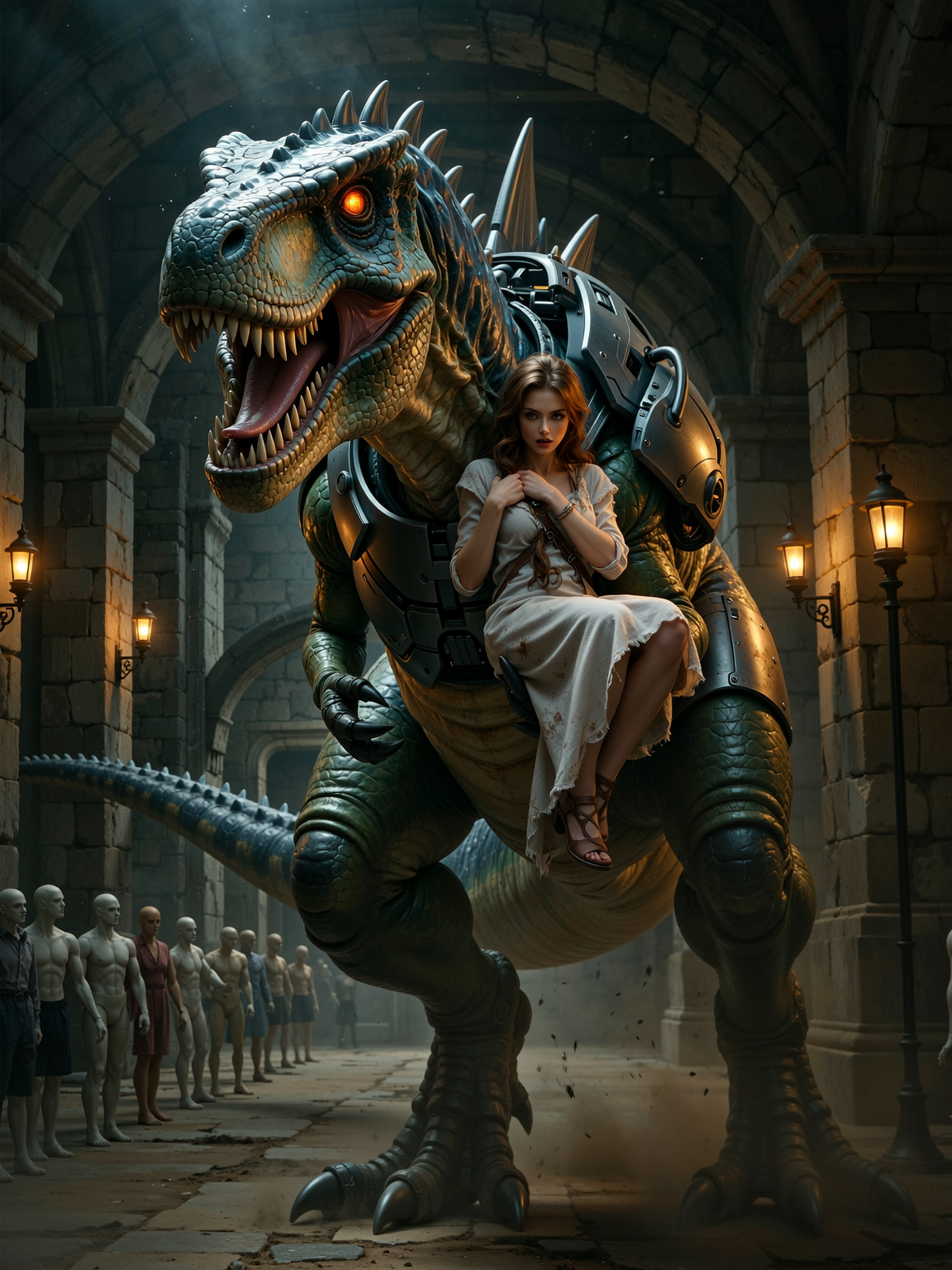 Shot composition: Medium wide shot from a low angle, framing the alien dinosaur carrying the woman centrally with the line of impaled mannequins stretching into the shadowed background.
Scene setting: A dark, dismal hall with crumbling stone walls and flickering dim torchlight casting eerie shadows, evoking a foreboding, oppressive atmosphere at midnight.
Subject and wardrobe: A weary woman in a tattered, ragged dress with dirt-streaked fabric clings desperately to the armored alien dinosaur; the creature resembles a towering theropod with metallic sci-fi armor plates, glowing visor eyes, and mechanical augmentations, striding forward purposefully.
Motion and animation: 
Camera movement: none
Visual style: Hyper-detailed cyberpunk horror aesthetic with desaturated cool tones, high contrast shadows, and subtle film grain for a gritty, dystopian feel.