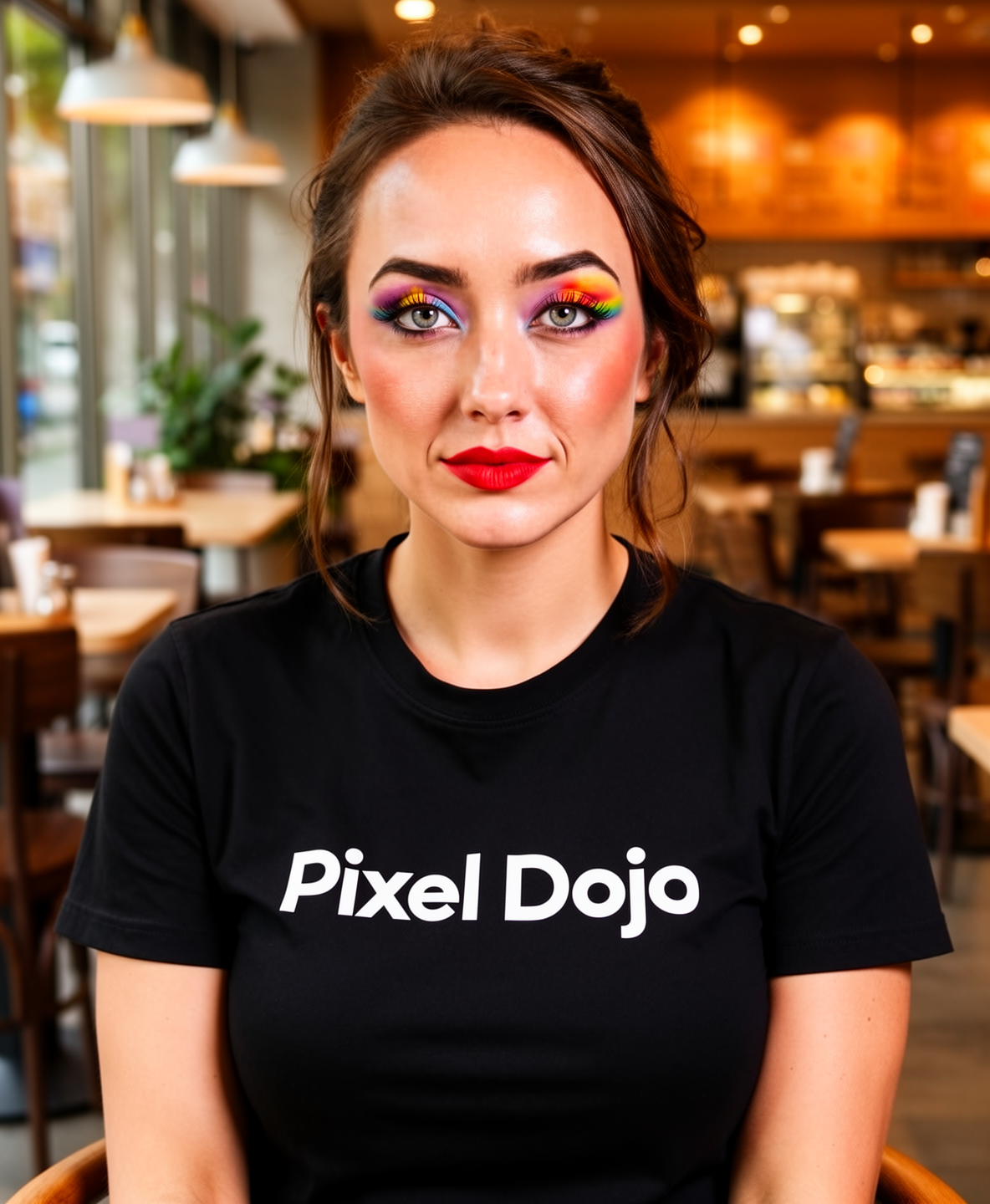 Example: The woman wearing a Pixel Dojo shirt in a cafe