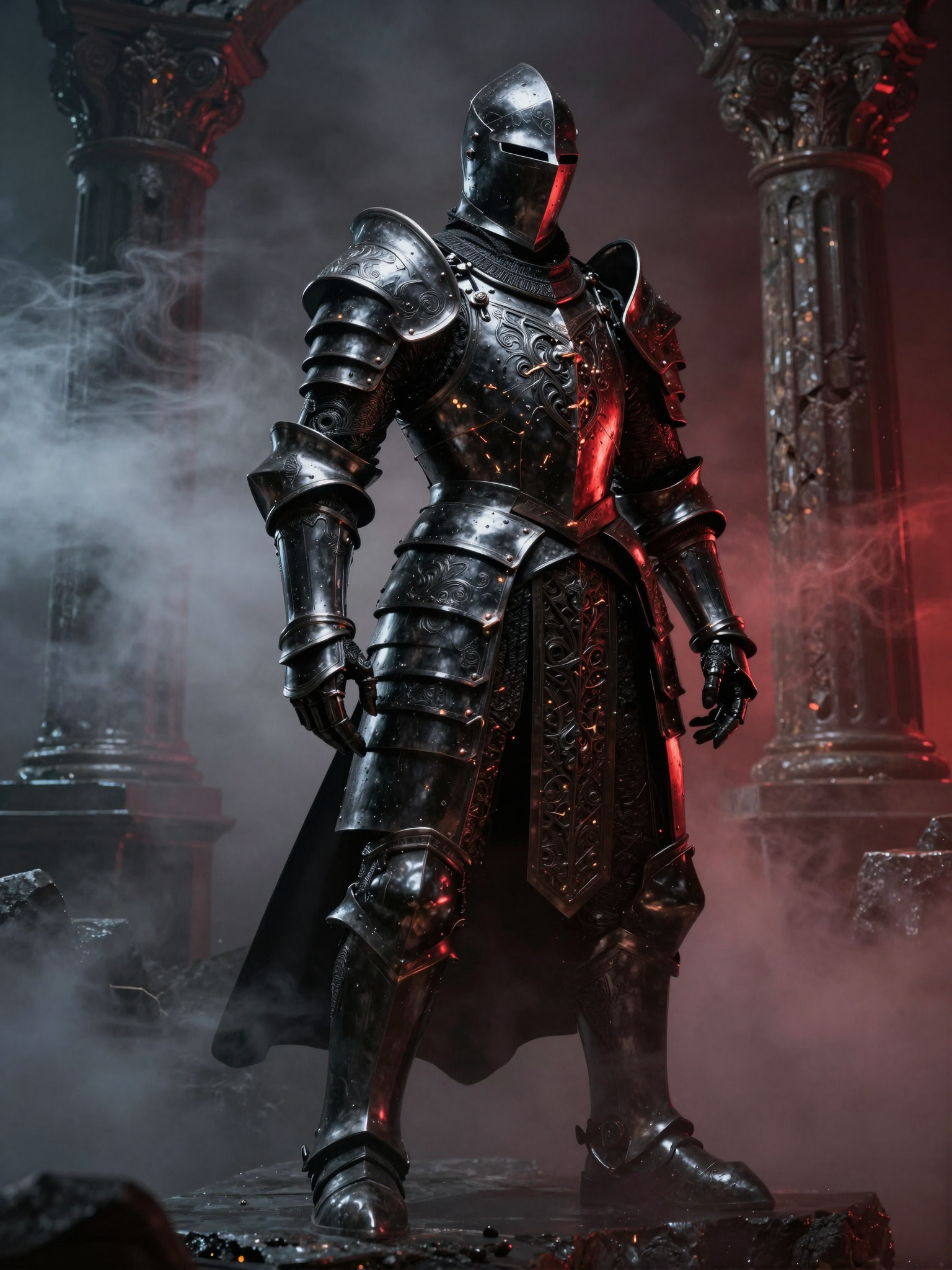 A towering black-steel knight emerging from shadows, armor forged with intricate metallic engravings and glowing ember cracks, heavy atmospheric fog swirling around the figure, crimson backlight casting sharp silhouette highlights, ancient broken pillars behind them, mythic and ominous mood, dramatic cinematic depth, high-contrast lighting with reflective obsidian shine, 124K detail, 300dpi, style raw.