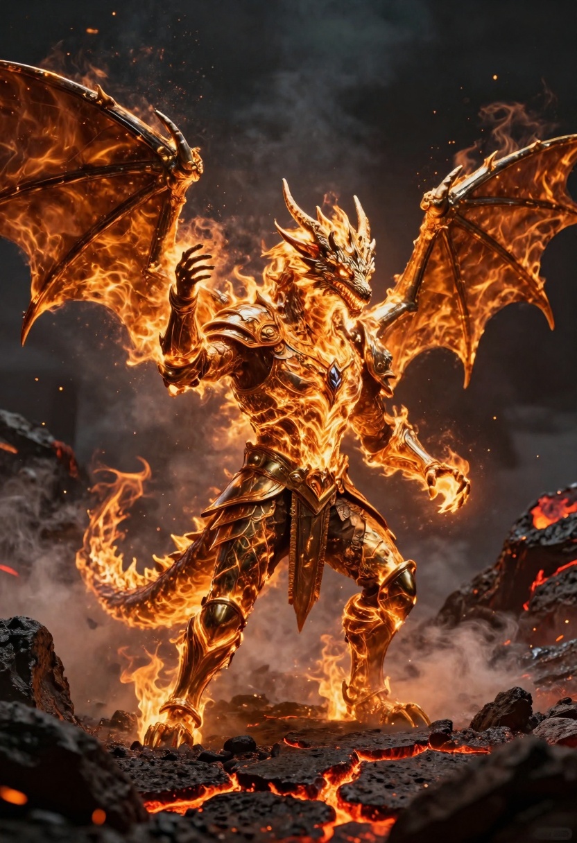 A pyromancer summoning a colossal dragon-shaped flame that erupts from their hands, armor glowing with molten-metal reflections, swirling embers lighting the scene, volcanic rocks and red-hot cracks below, rising smoke illuminated by the fire’s golden-orange radiance, dramatic high-temperature glow with metallic heat sheen, 300dpi, style raw.