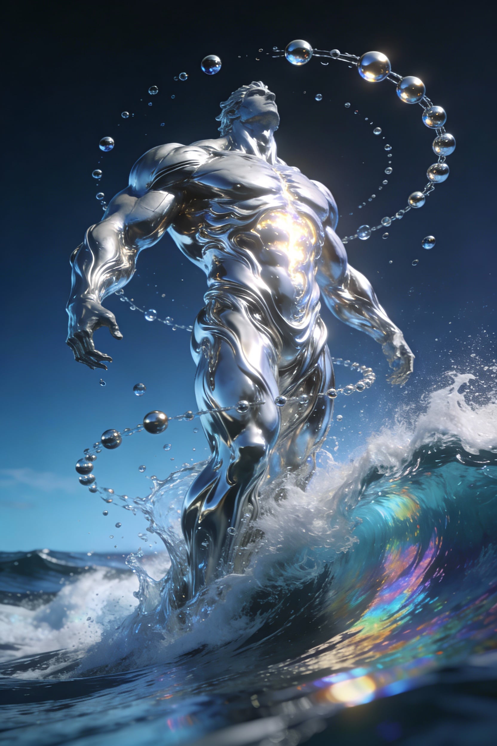 A fluid metallic titan with liquid-silver musculature rising from a crashing ocean wave. Droplets turn to reflective metal beads midair, orbiting its rising form.