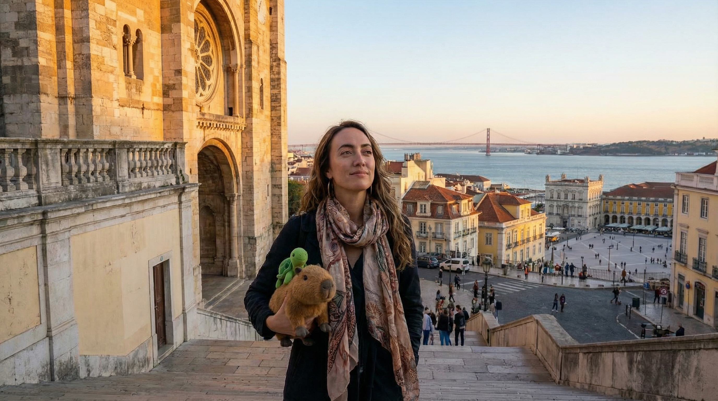 A wide shot of Lisbon Portugal's most iconic sites, featuring Pam, a 40-year-old beautiful woman with dark hair and green eyes, in a flowing scarf, with a content expression, standing beside Cappy, a stuffed capybara with a green turtle riding on his back, on the steps of the Lisbon Cathedral; the background displays grand architecture and bustling squares under fading evening light, evoking a serene and reflective atmosphere.