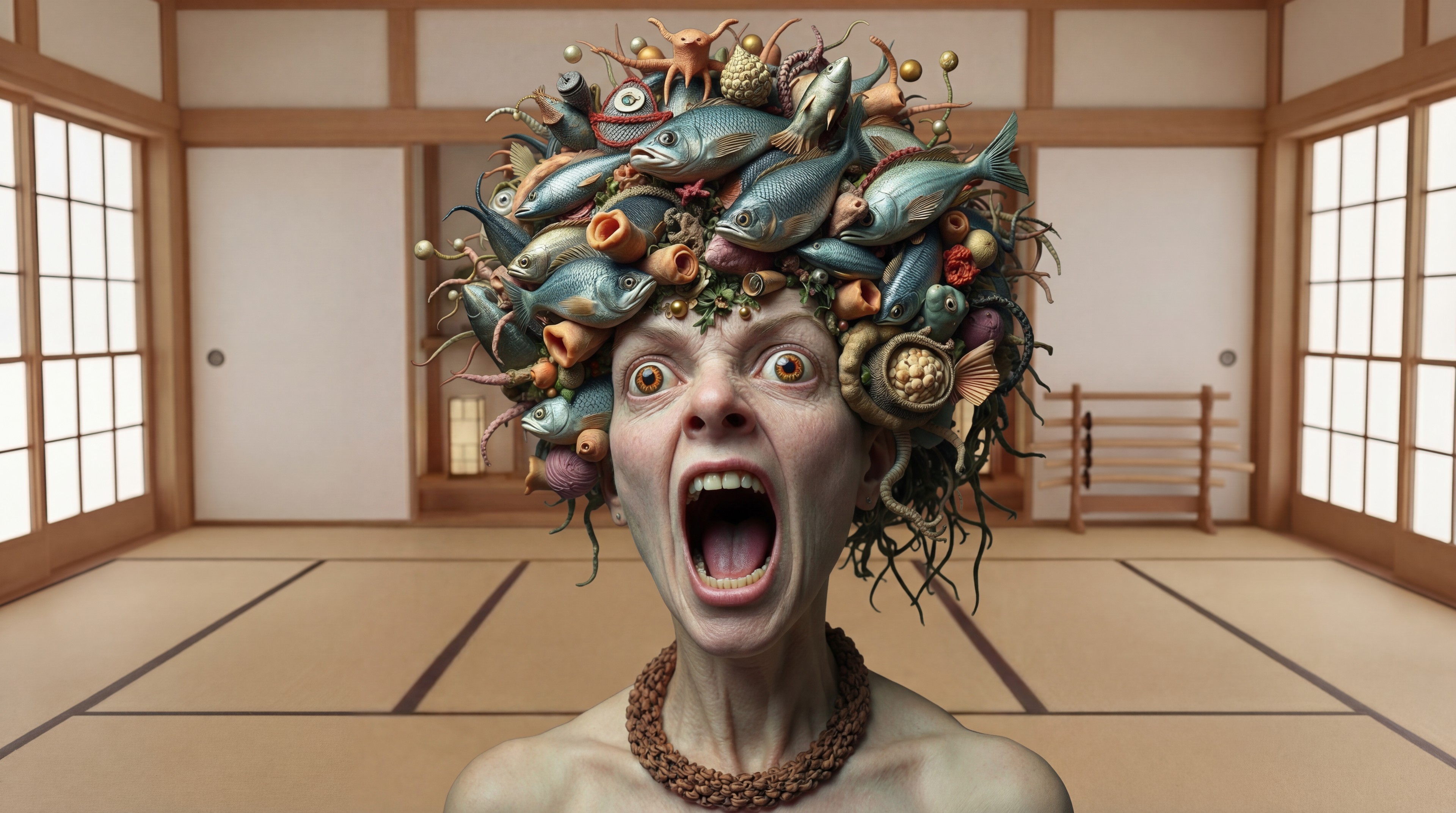 replace the woman in the black dress with the woman with the fish (edited with Google Nano Banana Pro)
