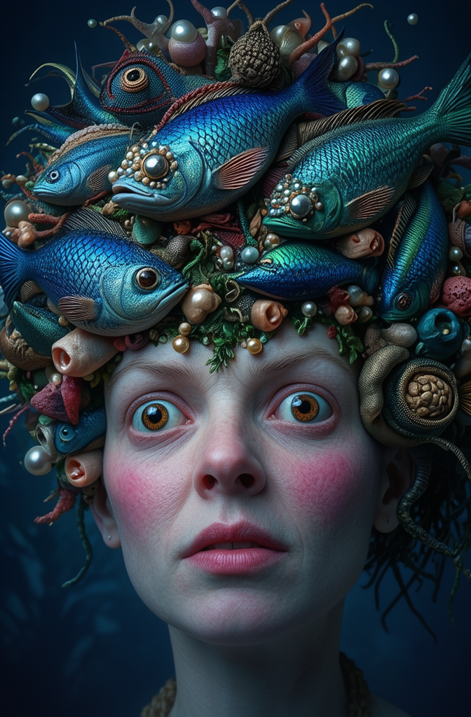 a photo of a woman with a fish hat