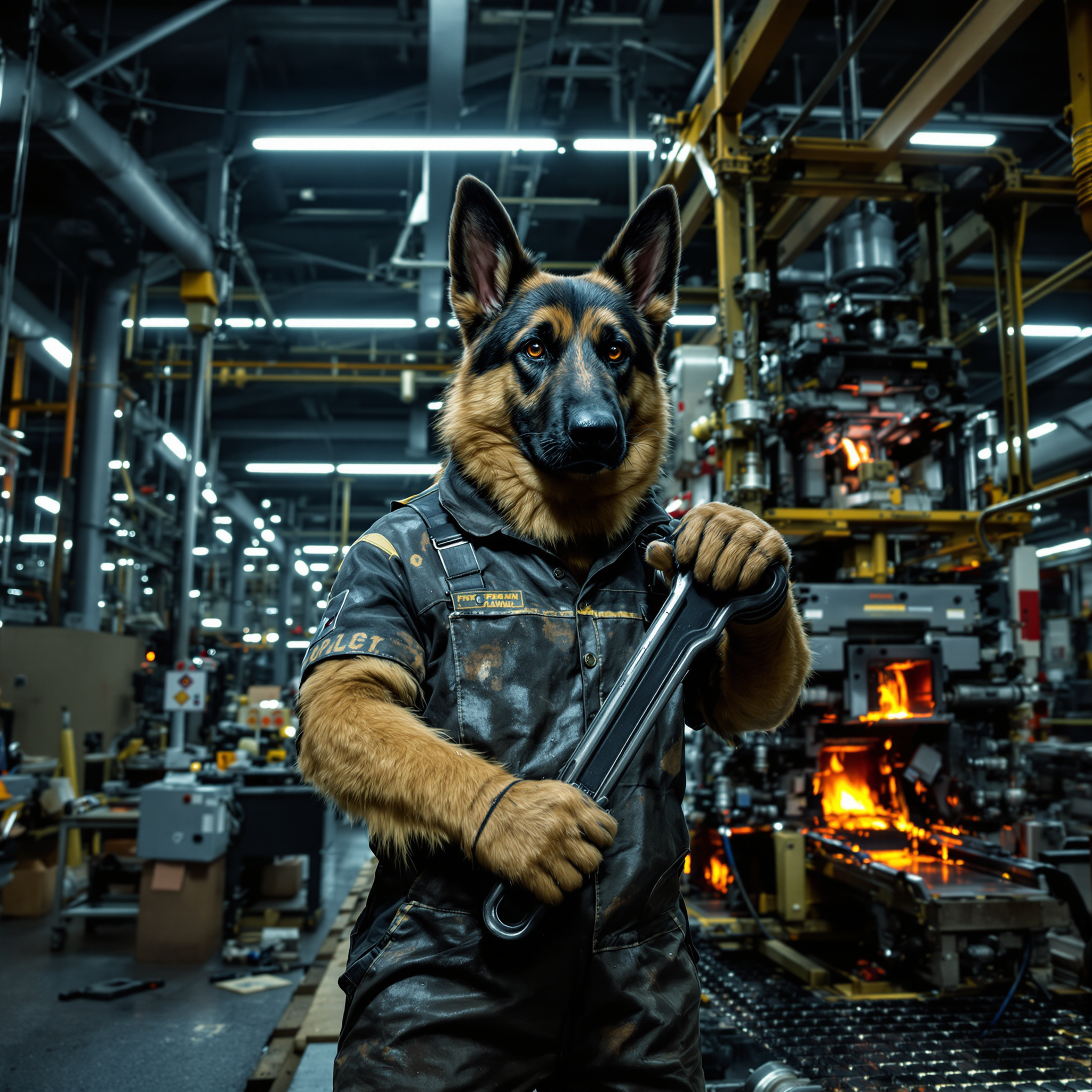 A highly realistic photograph of an anthropomorphic German shepherd working diligently in a bustling industrial factory, standing upright on hind legs in a mechanic's jumpsuit stained with grease and oil, focused expression with perked ears and paws gripping a heavy wrench as it tightens bolts on a massive assembly line machine, muscular build and glossy black-and-tan fur detailed with every strand visible. The gritty factory interior features towering steel beams, sparking conveyor belts, and scattered tools under harsh fluorescent overhead lights casting long dramatic shadows and cool blue-gray tones with warm orange accents from molten metal glows. Shot on a 35mm lens with shallow depth of field, sharp focus on the dog's intense face and paws while blurring the industrial background, wide-angle composition from a low three-quarter perspective emphasizing depth and scale in this moody, high-contrast scene.