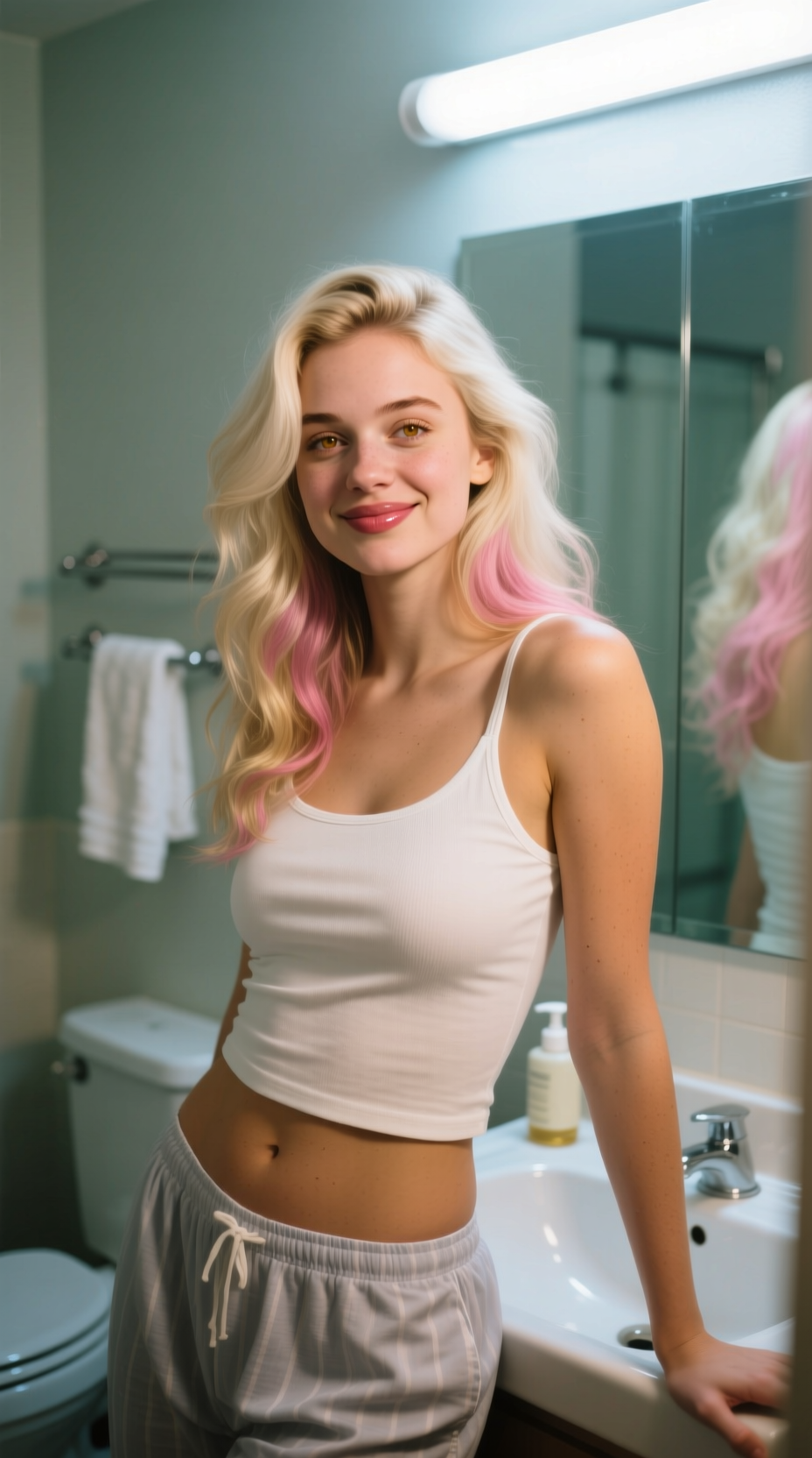 close-up of “Lola Bennett”, wearing a tank top and pajamas bottoms, in bathroom, blurry mirror background, American origin, sleepy cheerful face, full body portrait, beautiful, 24 years old, (natural makeup, natural eyebrows, natural lips:1.3), glowing golden skin, high energy, long wavy platinum blonde hair and a hint of pink, natural textured skin, looking at viewer, hyperdetailed, analog photo, casual posture, ultra detailed hazel eyes, glossy lips, athletic body, soft shadows, bathroom fluorescent lighting, candid photo style, photorealistic, cinematic, hyperrealist, photo noise, film grain, smartphone flash photo, shot on Kodak Funsaver, amateur selfie aesthetic, slightly underexposed, r/amateur vibe, lowres look, authentic snapshot feel, dreamy haze, natural skin texture, grain, noise, textures