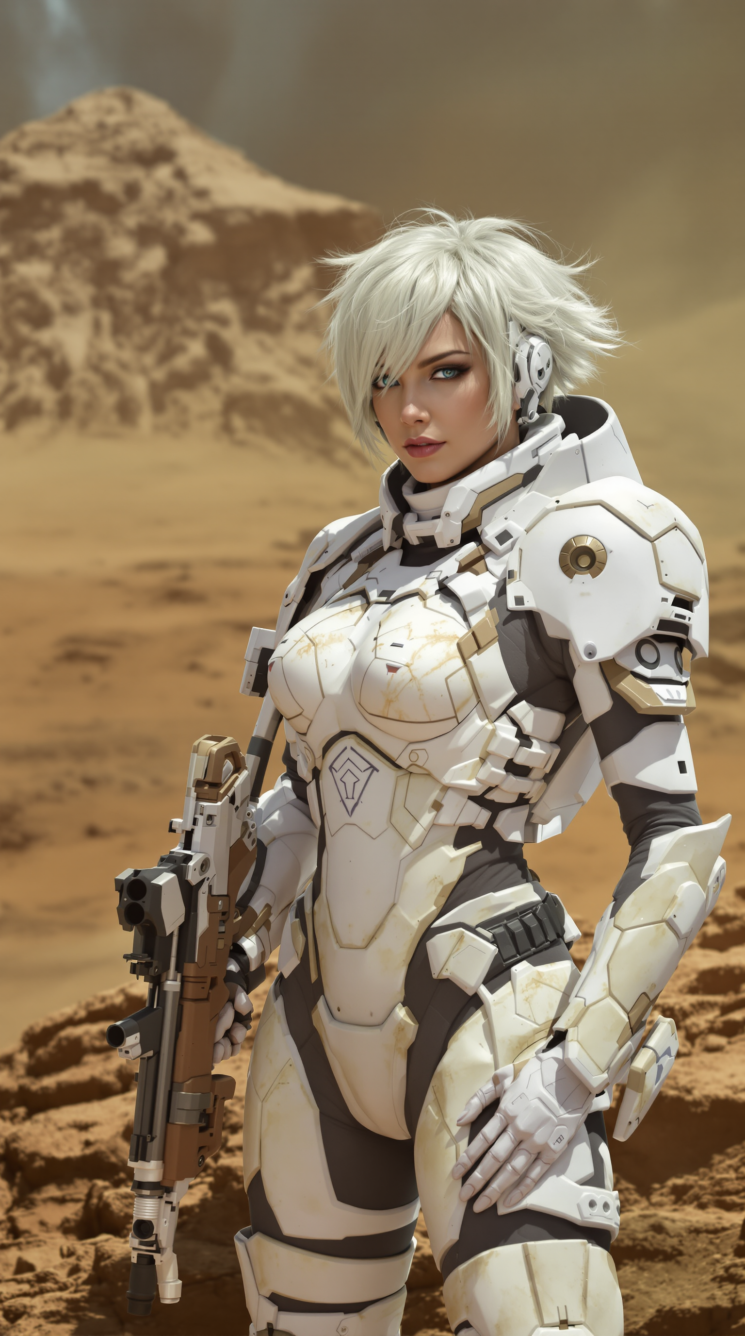 A half body shot of a beautiful woman with short blonde hair in the style of luis royo.She is wearing white battle armor.She is holding an assault rifle.she is on a alien planet.