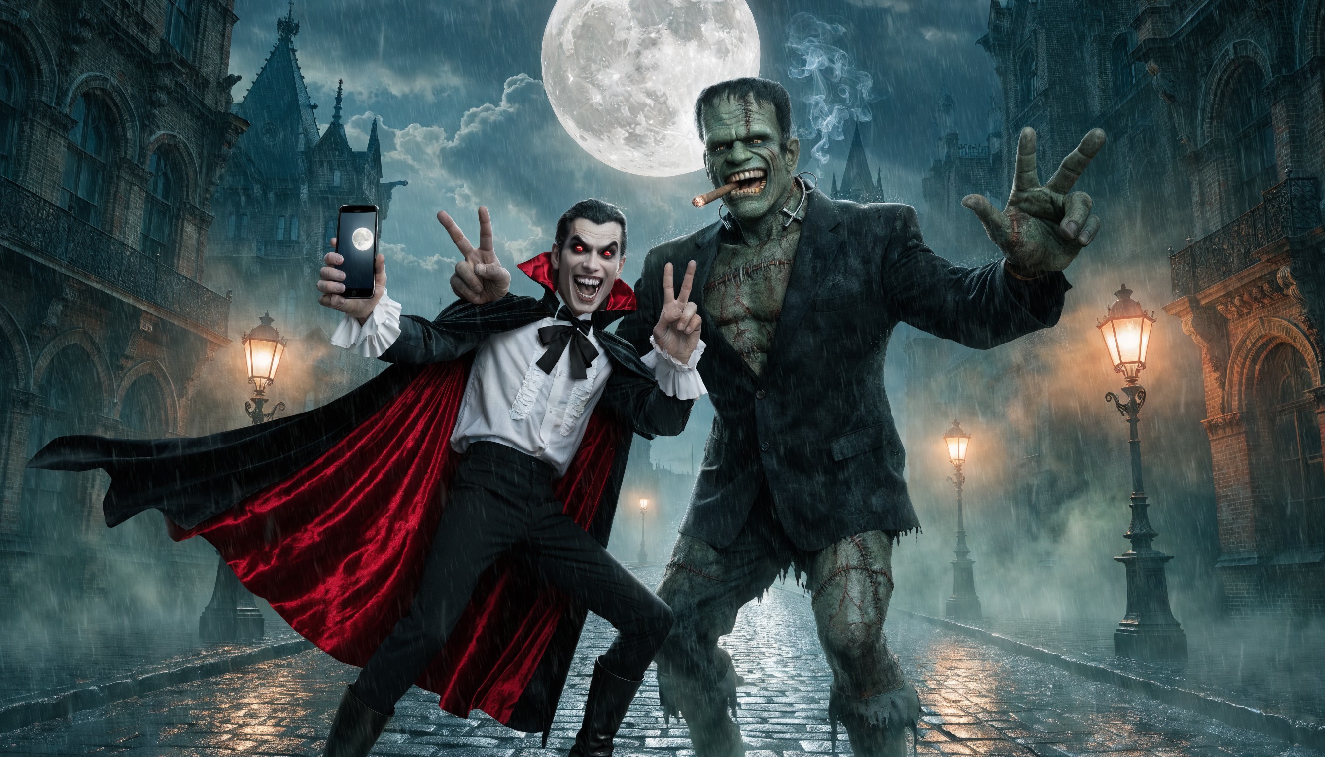 A highly detailed digital fantasy artwork in a painterly style reminiscent of Boris Vallejo and Zdzisław Beksiński, featuring a charismatic vampire and Frankenstein's monster taking a joyful selfie on a foggy cobblestone street in a gothic Victorian city at midnight. The massive full moon dominates the deep indigo and navy blue sky, casting ethereal silver-blue moonlight over mist-shrouded ancient brick buildings with arched windows, gargoyles, and wrought-iron balconies. Warm golden glows from antique gas street lamps pierce the swirling green-tinged fog and cigar smoke, creating dramatic chiaroscuro lighting with high contrast shadows and rim lights on the characters.

In the foreground, the pale-skinned vampire with slicked-back black hair, sharp aristocratic features, glowing red eyes, and a wide fanged grin wears a flowing black velvet cape with crimson satin lining over a white ruffled shirt and black bowtie; he holds a sleek black smartphone at arm's length with his right hand, flashing a peace sign (V fingers) with his left, dynamic pose leaning forward excitedly. Beside him, the hulking Frankenstein's monster with mottled green-gray skin, scarred stitches across his forehead and body, flat-topped head, neck electrodes, and wild black hair grins broadly around a lit cigar clenched in his teeth, smoke curling upward; he wears a tattered dark suit jacket and pants, flashing dual peace signs with both massive hands, one arm around the vampire's shoulder in camaraderie.

Ultra-detailed textures: glossy phone screen reflecting moonlight and their faces, velvet cape folds, monster's rough leathery skin with veins and scars, wet cobblestones glistening, volumetric fog and god rays from the moon. Vibrant color palette of cool blues, purples, and greens contrasted with warm oranges from lamps and red accents on cape and eyes. Cinematic composition, masterpiece, 8k resolution, intricate details, hyper-realistic rendering with painterly brushstrokes.