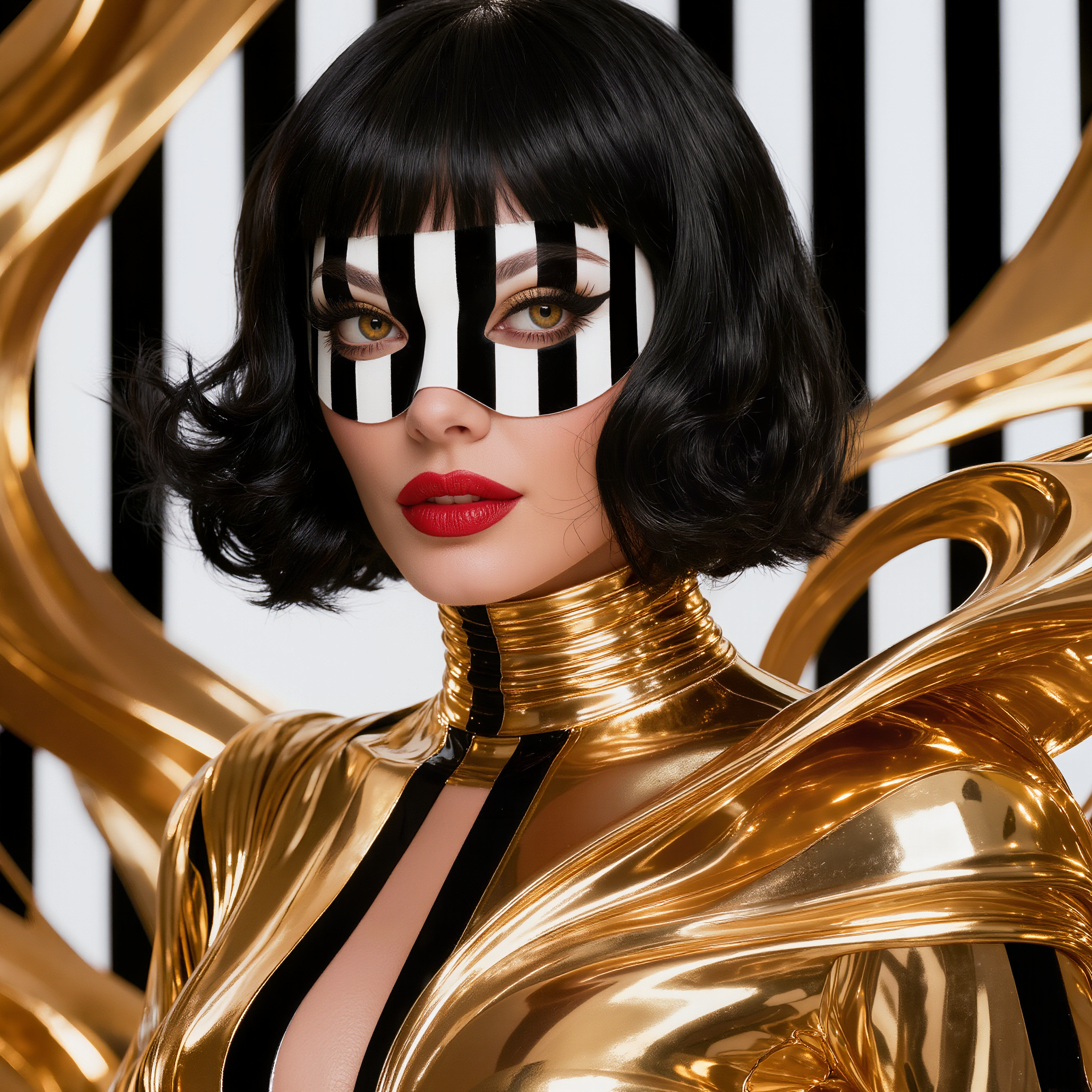 A highly detailed, photorealistic close-up portrait of a glamorous young woman with striking cat-like features, sharp jawline, high cheekbones, and flawless porcelain skin. She has glossy jet-black bob haircut with heavy straight bangs framing her forehead, wavy ends curling outward, perfectly styled and shiny. Her almond-shaped eyes are intensely golden with dramatic smoky gold eyeshadow, thick winged black eyeliner, long curled lashes, and piercing gaze looking directly at viewer. Full plump lips painted vivid glossy red, curved in a seductive slight smile revealing perfect white teeth. Her face is dynamically overlaid with sharp vertical black-and-white stripes slicing across from forehead to chin, creating an optical illusion mask effect that partially obscures her features while highlighting contours.

She wears a futuristic high-fashion metallic gold bodysuit with glossy reflective surfaces, black vertical stripes matching the overlay, high structured collar wrapping around her neck, and flowing asymmetrical gold waves draping over one shoulder like liquid metal ribbons. The background features bold vertical black-and-white stripes with integrated swirling gold metallic elements blending seamlessly into the outfit, evoking motion and depth.

Studio lighting with high contrast, dramatic highlights on metallic gold surfaces, subtle specular reflections, glossy wet-look textures on hair and lips. Ultra-high resolution, 8K, hyper-realistic digital photography style inspired by high-fashion editorials like Vogue or surreal artists like Salvador Dalí, vibrant color palette dominated by stark black, crisp white, luxurious metallic gold, pops of crimson red, impeccable composition, sharp focus on face and eyes, professional retouching for flawless beauty.