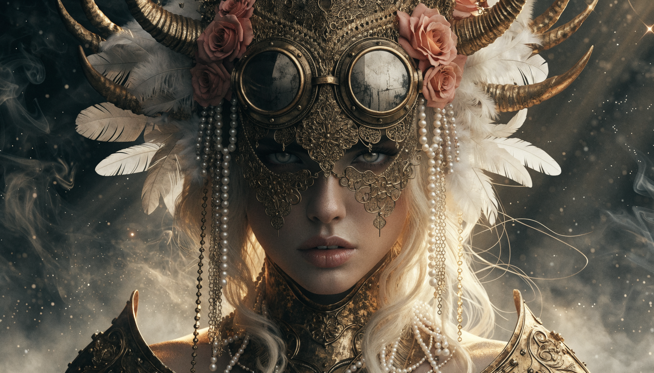 A highly detailed close-up portrait of a fierce female warrior in steampunk cyberpunk style, intricate golden headdress adorned with curved ram horns, clusters of pink and orange roses, white feathers, pearl beads, and elaborate brass filigree metalwork cascading down her forehead and temples, large round steampunk goggles with multi-layered brass frames and reflective tinted lenses showing faint environmental reflections, piercing gaze partially obscured, flawless porcelain skin with subtle golden highlights, full parted lips in a subtle pout, long flowing platinum blonde hair with loose strands framing her face, ornate shoulder pauldrons and neck guard in aged gold metal with baroque engravings and rivets, dramatic cinematic lighting with warm golden rim light and soft volumetric god rays, misty dark ethereal background with subtle fog and metallic glints, hyper-realistic CGI render, ultra-detailed textures, 8k resolution, sharp focus, intricate details, in the style of Boris Vallejo and Steampunk masters, high dynamic range, photorealistic.