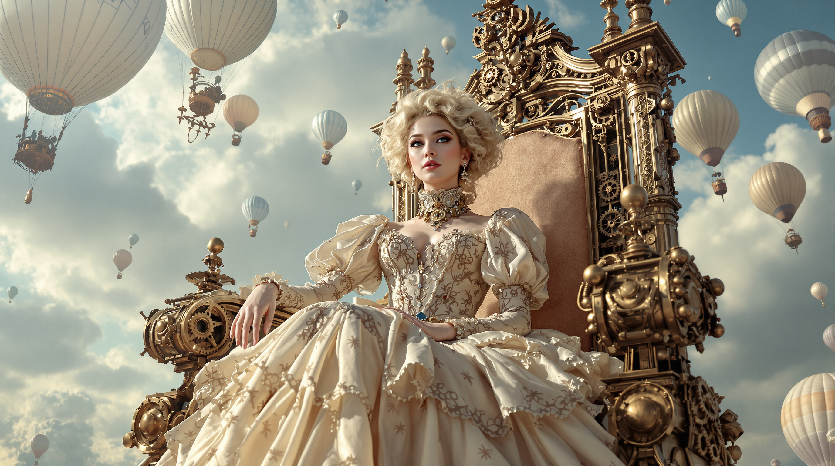 A majestic young woman with voluminous blonde curls cascading around her face, pale porcelain skin, piercing blue eyes, and subtle freckles, dressed in an opulent Victorian steampunk gown of cream lace, intricate embroidery, high ruffled collar, puffed sleeves, and layers of flowing peach-tinted tulle skirts adorned with brass filigree and gears, seated regally on a colossal ornate mechanical throne-chair forged from weathered brass, copper rivets, exposed gears, steam pipes, and plush velvet cushions, with massive interlocking cogwheels and pistons flanking her sides, evoking imperial command.

Dramatic wide-angle composition centering the figure against a vast ethereal sky filled with billowing cumulus clouds in soft blues and grays, dotted with numerous antique hot-air balloons in woven wicker and canvas with dangling gondolas, and surreal floating steampunk airships featuring propellers, dirigibles, and biomechanical hulls in earthy tones of rust, gold, and wood.

Cinematic lighting with diffused golden hour sunlight filtering through clouds, casting gentle rim lights on her hair and dress, subtle volumetric god rays piercing the atmosphere, soft shadows enhancing the intricate metallic textures and fabric folds, high dynamic range for depth.

Hyper-detailed digital painting in the style of steampunk fantasy masters like Jake Parker and Brian Kesinger, ultra-realistic textures on brass patina, lace delicacy, cloud wisps, and mechanical engravings, intricate ornamental details, atmospheric perspective with distant airships fading into mist, epic scale, 8K resolution, masterpiece, award-winning concept art.