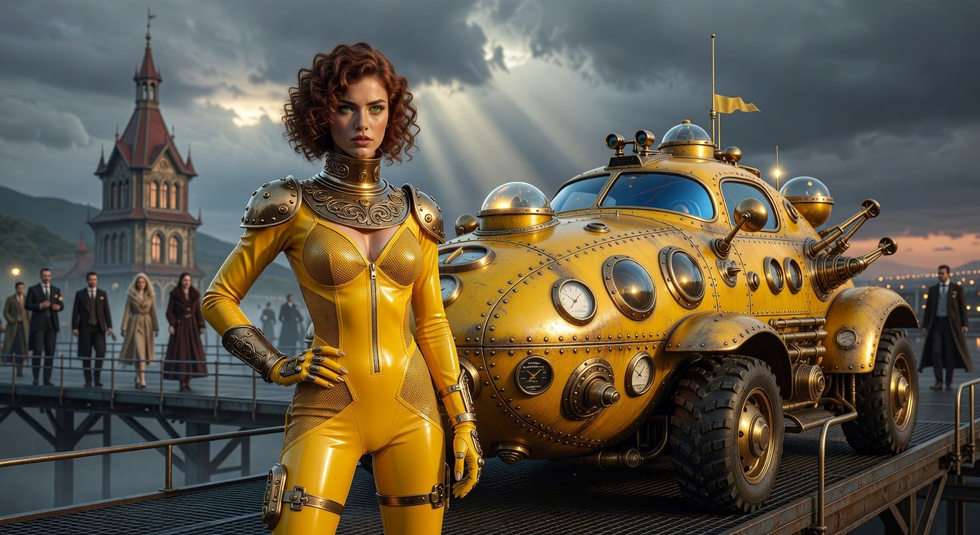 A highly detailed cinematic  render of a fierce young woman with shoulder-length curly auburn hair, sharp green eyes, full lips in a subtle pout, and confident expression, standing boldly on an elevated outdoor platform at dusk. She wears a form-fitting glossy yellow latex bodysuit with steampunk accents: high metallic collar, riveted shoulder pauldrons, intricate gold filigree engravings, mesh panels over the bust and hips, zipper front, armored gloves with mechanical joints, and thigh-high boots, emphasizing her athletic hourglass figure with shiny wet reflections and subtle sheen. She poses dynamically with one hand on her hip, the other relaxed, next to a massive retro-futuristic yellow submersible car resembling a biomechanical beetle or armored beetle tank, bulbous and riveted with brass portholes, analog gauges, spinning dials, exposed pistons, multiple dome turrets, large tinted blue windshield eyes, top antenna fin, and oversized knobby wheels/treads on the right side, parked at a slight angle with dramatic volumetric god rays highlighting its tarnished gold patina and intricate steampunk machinery.

Background features a moody overcast stormy sky with dark gray clouds, a blurred distant crowd of elegantly dressed people in suits and coats walking on a pier-like platform, and an ornate Eastern European-style red-roofed tower spire with arched windows emerging from fog-shrouded hills. Composition is wide-angle cinematic shot from low angle, shallow depth of field focusing sharply on woman and vehicle, bokeh lights on edges, high dynamic range lighting with golden hour rim light, deep shadows, lens flares, and subtle chromatic aberration. Art style: hyper-realistic photoreal CGI like a still from a cyberpunk blockbuster film such as Alita Battle Angel or Blade Runner 2049, octane render, ultra-detailed textures, 8K resolution, dramatic contrast, warm mustard-yellow and brass tones dominant against cool blue-gray atmosphere.