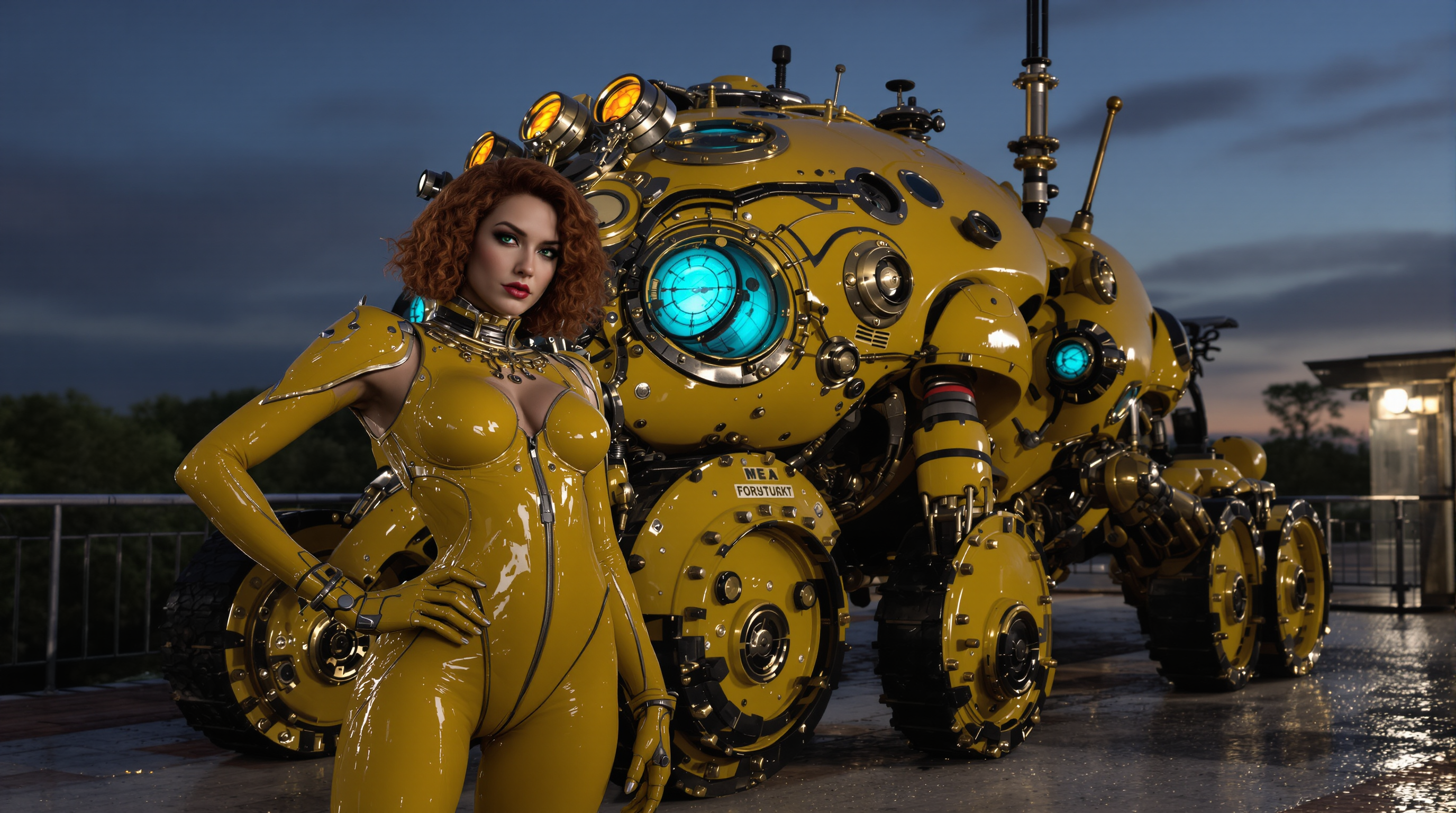 Example: A highly detailed cinematic CGI render of a fierce young woman with shoulder-len