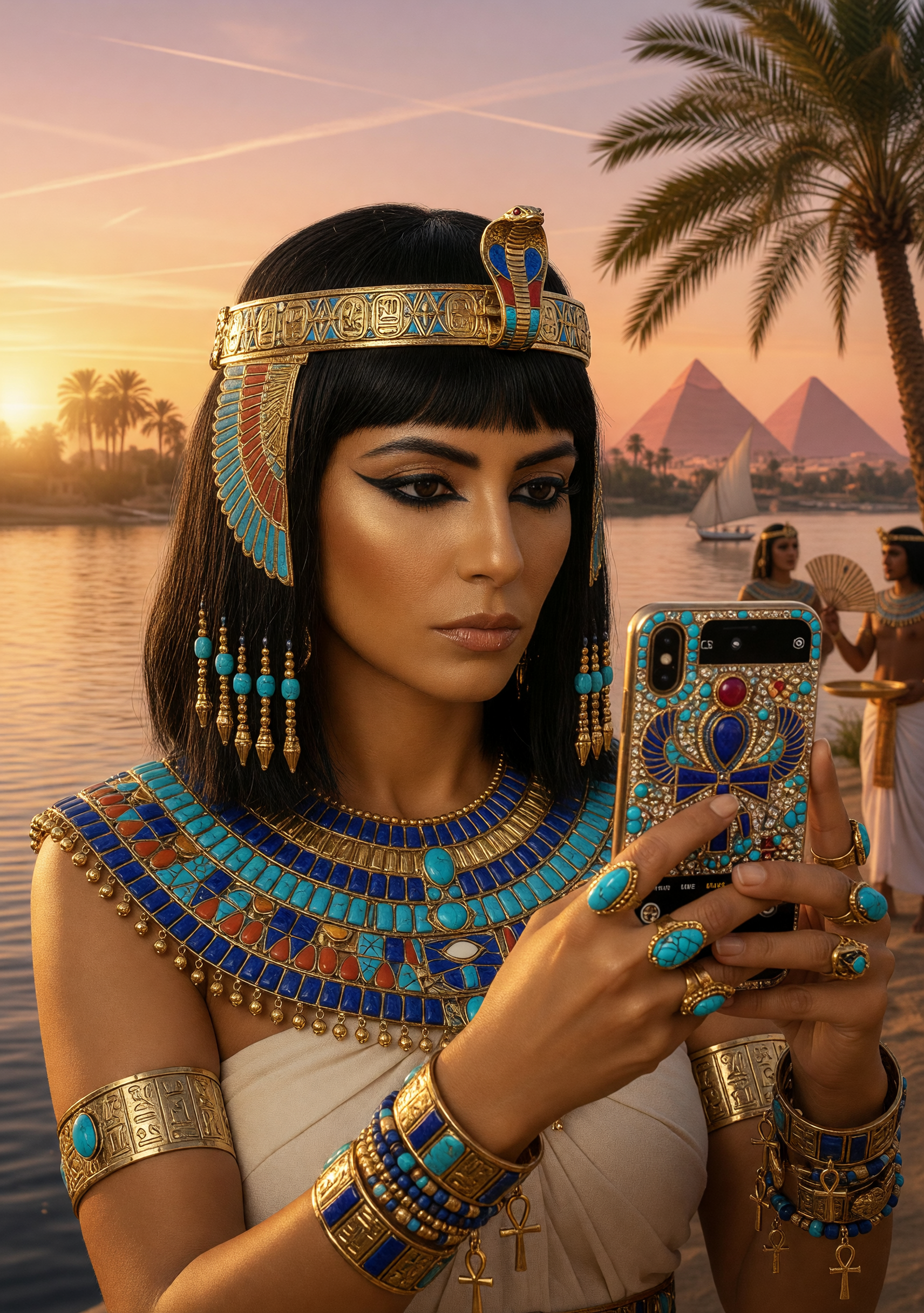 A stunning photorealistic portrait of Cleopatra as a modern influencer, an elegant Egyptian queen with flawless golden-bronze skin, sharp cheekbones, and intense dark brown eyes accentuated by dramatic black kohl eyeliner and long lashes. She wears an ornate golden pharaonic headdress featuring a raised cobra uraeus, intricate engravings, and dangling gold bead strands framing her face, paired with a sleek black bob haircut and straight bangs. Her neck is adorned with a wide, vibrant Egyptian collar necklace inlaid with turquoise, lapis lazuli, carnelian, and gold. She holds a modern gold smartphone encased in elaborate turquoise, lapis, and ruby jewels, gripping it with both hands adorned in multiple gold rings with turquoise stones, gold arm cuffs, and bracelets. The scene is set along the Nile River at golden hour, with shimmering water, lush palm trees, distant pyramids under a bright sun, and blurred ancient attendants in the background, warm cinematic lighting, ultra-realistic textures, 8k detail, National Geographic photography style, anachronistic blend of ancient Egypt and contemporary technology.