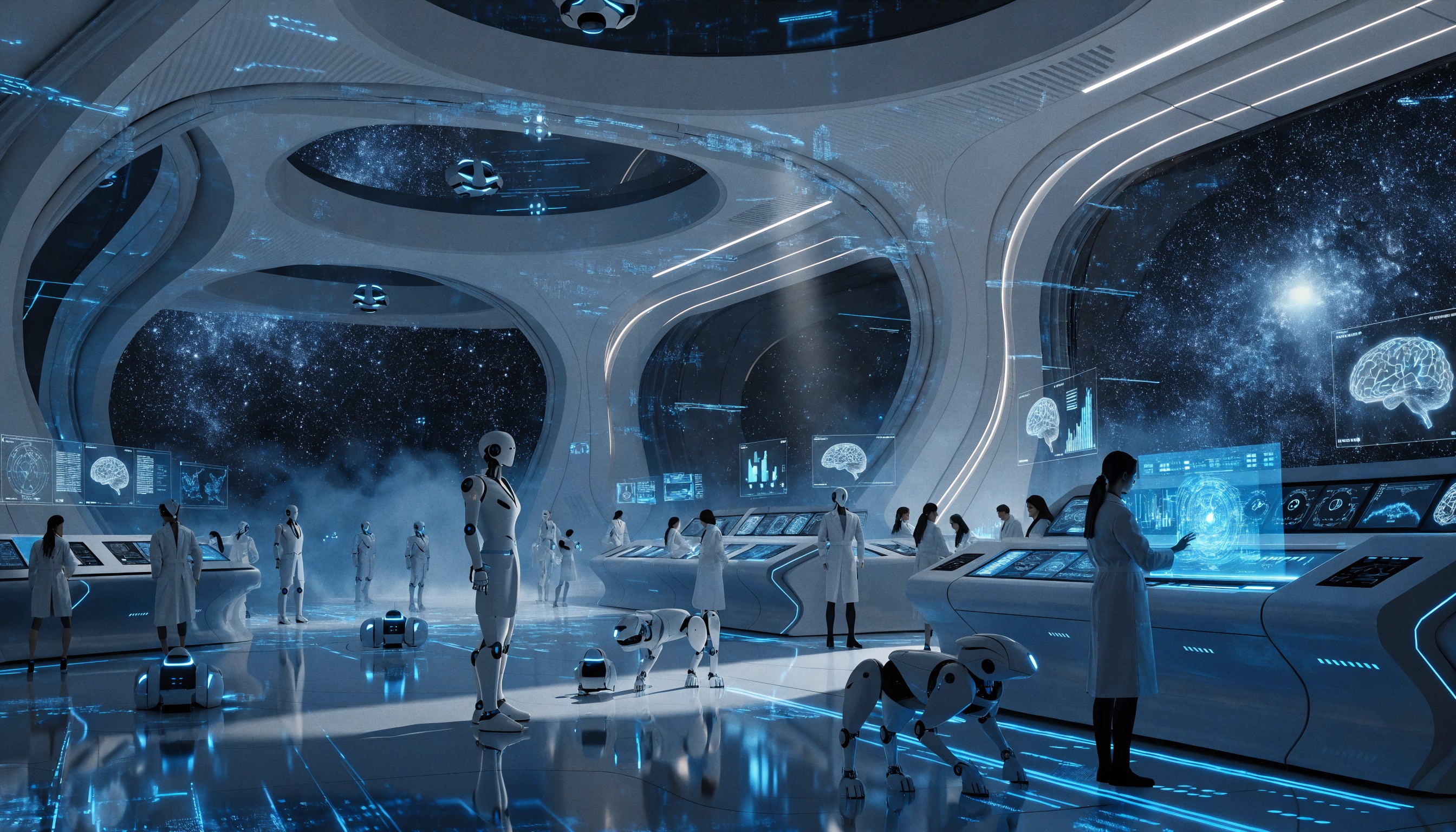 Photorealistic cinematic CGI render of a vast futuristic high-tech research laboratory at night, sleek organic white architecture with flowing curved walls and ceilings, massive panoramic glass windows revealing a star-filled cosmic night sky with a bright celestial body, multiple advanced humanoid and quadrupedal robots in white and metallic gray with glowing blue accents positioned throughout the space, scientists in white lab coats working at long curved consoles with intricate holographic interfaces, a female scientist in the foreground interacting with a large translucent glowing blue holographic cube and floating UI panels displaying data visualizations and brain scans, small autonomous robotic units with blue light strips on the polished floor, bioluminescent blue digital patterns and circuit lines embedded in surfaces, dramatic volumetric lighting with cool blue and white tones, high detail, ultra-realistic, cinematic composition, sci-fi concept art style, 8k resolution, intricate reflections and ambient glows.
