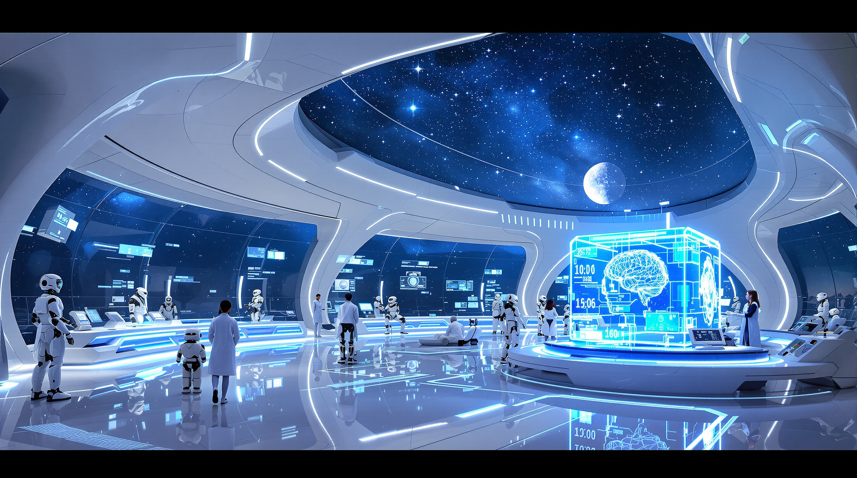 Photorealistic cinematic CGI render of a vast futuristic high-tech research laboratory at night, sleek organic white architecture with flowing curved walls and ceilings, massive panoramic glass windows revealing a star-filled cosmic night sky with a bright celestial body, multiple advanced humanoid and quadrupedal robots in white and metallic gray with glowing blue accents positioned throughout the space, scientists in white lab coats working at long curved consoles with intricate holographic interfaces, a female scientist in the foreground interacting with a large translucent glowing blue holographic cube and floating UI panels displaying data visualizations and brain scans, small autonomous robotic units with blue light strips on the polished floor, bioluminescent blue digital patterns and circuit lines embedded in surfaces, dramatic volumetric lighting with cool blue and white tones, high detail, ultra-realistic, cinematic composition, sci-fi concept art style, 8k resolution, intricate reflections and ambient glows.