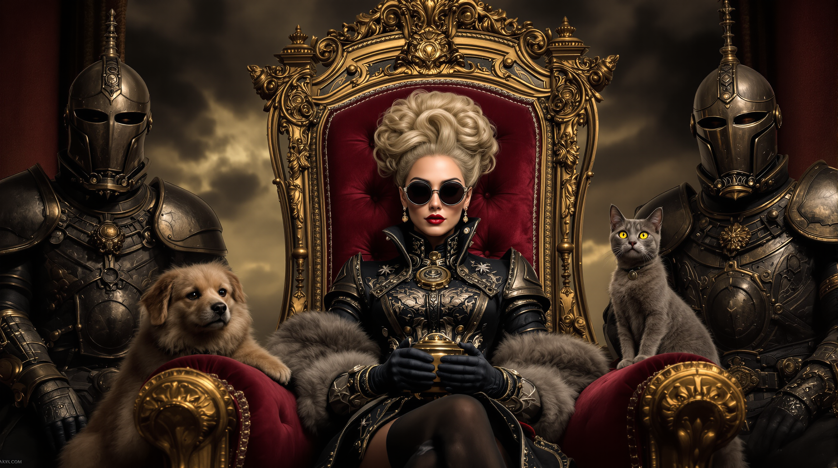A highly detailed cinematic digital painting in a dark gothic steampunk style, featuring a regal blonde woman with elaborate curled updo hair seated on an ornate baroque throne with rich burgundy tufted velvet and intricate gold carvings. She wears round shutter-style sunglasses, an elaborate high-collared fur-trimmed jacket with metallic embroidery and brocade patterns, and holds a small ornate brass device in her gloved hands. A shaggy light-brown dog sits loyally to her left, while a sleek gray cat with piercing yellow eyes perches alertly to her right. Two imposing figures in weathered steampunk armor and helmets flank the throne on either side. Dramatic stormy sky with heavy dark clouds and moody atmospheric lighting, desaturated color palette of deep browns, golds, charcoals, and muted reds, ultra-realistic textures, intricate details, cinematic composition, dark fantasy aesthetic, 8k resolution.